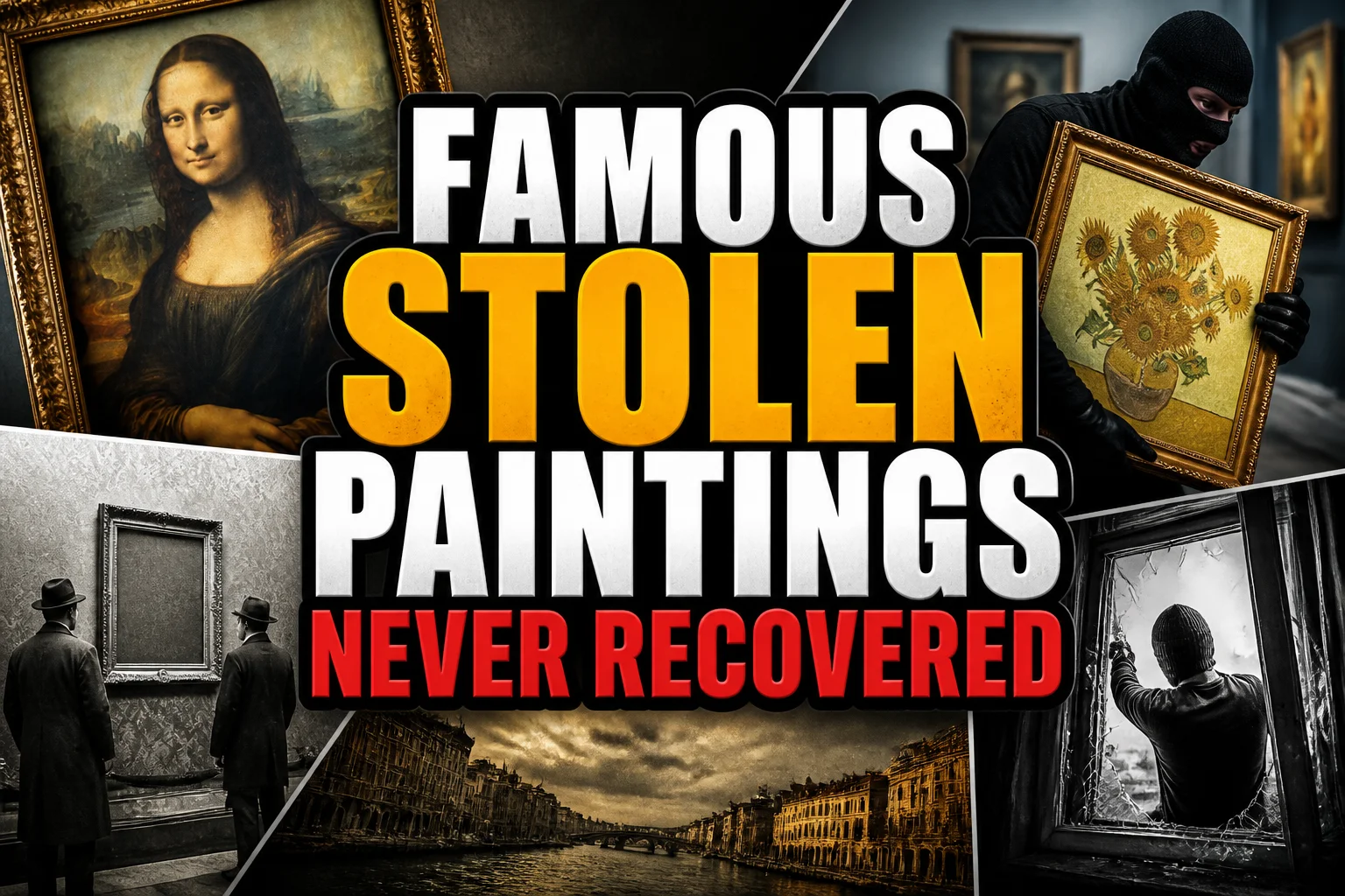 22 Famous Paintings That Were Stolen — Including 10 That Were Never Recovered 2 A bold, high-impact blog featured image in the style of a professional YouTube thumbnail or documentary poster. Create a dramatic photo-collage montage of 3-5 distinct historical scenes, subjects, or artifacts directly relevant to "22 Famous Paintings That Were Stolen — Including 10 That Were Never Recovered" — vivid, cinematic documentary-photography style, rich color grading, high contrast, dynamic diagonal composition blending the scenes together. Overlay a large, bold, stacked headline of text on top reading exactly: "FAMOUS STOLEN PAINTINGS NEVER RECOVERED". Render the headline in a heavy, condensed, high-contrast font with a black outline/stroke for legibility, mixing white text with a single vibrant accent color (gold, red, or orange) on the most important word or phrase for emphasis, spelled correctly. The headline text must be the dominant visual element — large, bold, and easy to read even at small thumbnail size. Vibrant, punchy, professional commercial photography and graphic-design composition. 16:9 landscape. Keep the headline text within the vertical center safe zone, away from the very top and bottom edges of the frame, since the image may be cropped afterward. No watermarks, no logos, no extra captions or invented text beyond the headline itself.