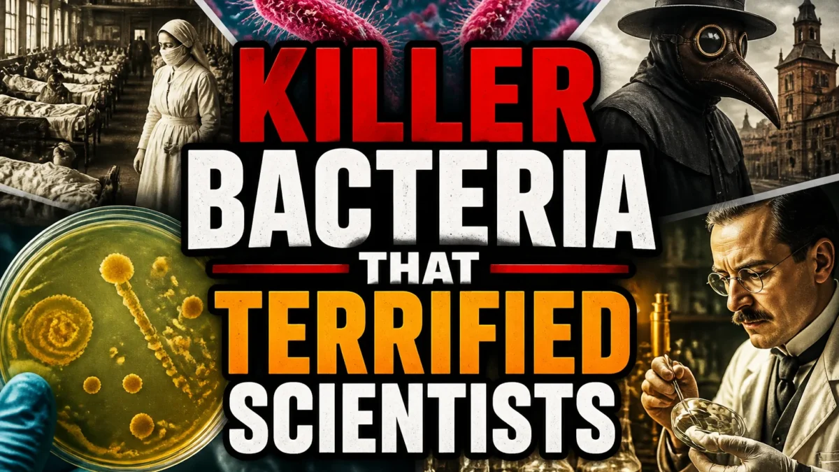 A bold, high-impact blog featured image in the style of a professional YouTube thumbnail or documentary poster. Create a dramatic photo-collage montage of 3-5 distinct historical scenes, subjects, or artifacts directly relevant to "22 Killer Bacteria That Terrified Scientists (and the History Behind Them)" — vivid, cinematic documentary-photography style, rich color grading, high contrast, dynamic diagonal composition blending the scenes together. Overlay a large, bold, stacked headline of text on top reading exactly: "KILLER BACTERIA THAT TERRIFIED SCIENTISTS". Render the headline in a heavy, condensed, high-contrast font with a black outline/stroke for legibility, mixing white text with a single vibrant accent color (gold, red, or orange) on the most important word or phrase for emphasis, spelled correctly. The headline text must be the dominant visual element — large, bold, and easy to read even at small thumbnail size. Vibrant, punchy, professional commercial photography and graphic-design composition. 16:9 landscape. Keep the headline text within the vertical center safe zone, away from the very top and bottom edges of the frame, since the image may be cropped afterward. No watermarks, no logos, no extra captions or invented text beyond the headline itself.