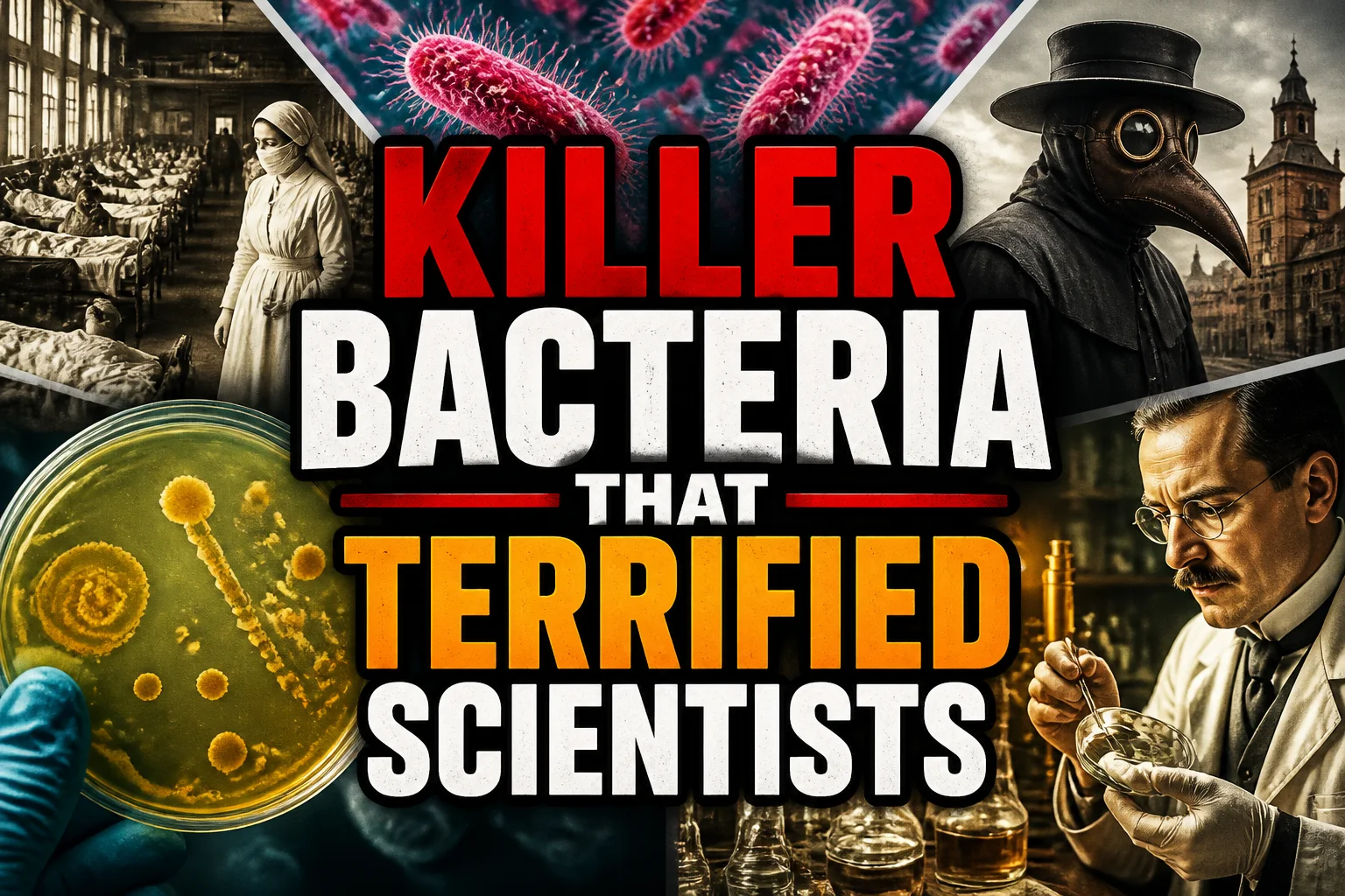 A bold, high-impact blog featured image in the style of a professional YouTube thumbnail or documentary poster. Create a dramatic photo-collage montage of 3-5 distinct historical scenes, subjects, or artifacts directly relevant to "22 Killer Bacteria That Terrified Scientists (and the History Behind Them)" — vivid, cinematic documentary-photography style, rich color grading, high contrast, dynamic diagonal composition blending the scenes together. Overlay a large, bold, stacked headline of text on top reading exactly: "KILLER BACTERIA THAT TERRIFIED SCIENTISTS". Render the headline in a heavy, condensed, high-contrast font with a black outline/stroke for legibility, mixing white text with a single vibrant accent color (gold, red, or orange) on the most important word or phrase for emphasis, spelled correctly. The headline text must be the dominant visual element — large, bold, and easy to read even at small thumbnail size. Vibrant, punchy, professional commercial photography and graphic-design composition. 16:9 landscape. Keep the headline text within the vertical center safe zone, away from the very top and bottom edges of the frame, since the image may be cropped afterward. No watermarks, no logos, no extra captions or invented text beyond the headline itself.