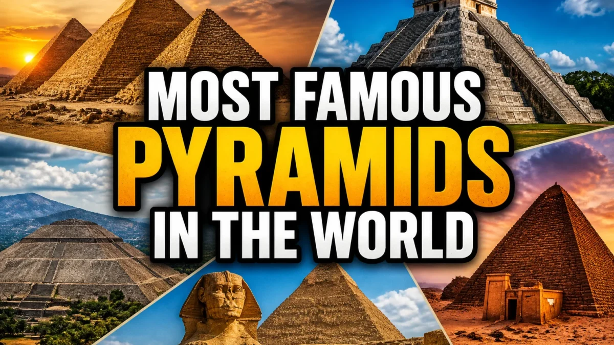 A bold, high-impact blog featured image in the style of a professional YouTube thumbnail or documentary poster. Create a dramatic photo-collage montage of 3-5 distinct historical scenes, subjects, or artifacts directly relevant to "22 Most Famous Pyramids in the World" — vivid, cinematic documentary-photography style, rich color grading, high contrast, dynamic diagonal composition blending the scenes together. Overlay a large, bold, stacked headline of text on top reading exactly: "MOST FAMOUS PYRAMIDS IN THE WORLD". Render the headline in a heavy, condensed, high-contrast font with a black outline/stroke for legibility, mixing white text with a single vibrant accent color (gold, red, or orange) on the most important word or phrase for emphasis, spelled correctly. The headline text must be the dominant visual element — large, bold, and easy to read even at small thumbnail size. Vibrant, punchy, professional commercial photography and graphic-design composition. 16:9 landscape. Keep the headline text within the vertical center safe zone, away from the very top and bottom edges of the frame, since the image may be cropped afterward. No watermarks, no logos, no extra captions or invented text beyond the headline itself.