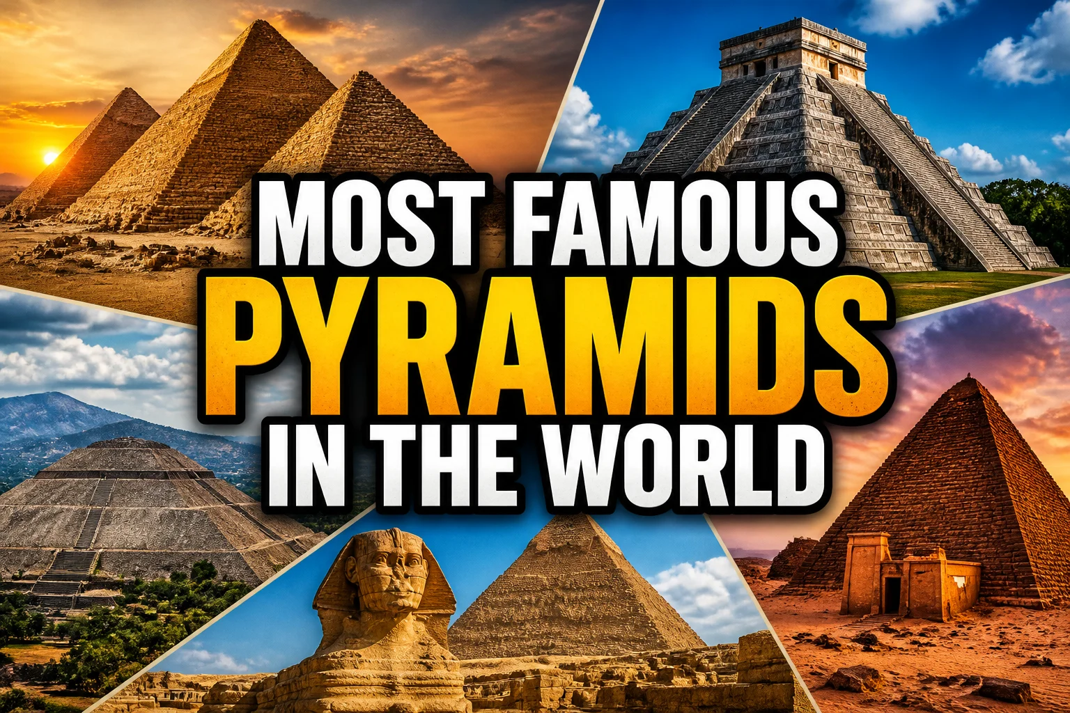 22 Most Famous Pyramids in the World 2 A bold, high-impact blog featured image in the style of a professional YouTube thumbnail or documentary poster. Create a dramatic photo-collage montage of 3-5 distinct historical scenes, subjects, or artifacts directly relevant to "22 Most Famous Pyramids in the World" — vivid, cinematic documentary-photography style, rich color grading, high contrast, dynamic diagonal composition blending the scenes together. Overlay a large, bold, stacked headline of text on top reading exactly: "MOST FAMOUS PYRAMIDS IN THE WORLD". Render the headline in a heavy, condensed, high-contrast font with a black outline/stroke for legibility, mixing white text with a single vibrant accent color (gold, red, or orange) on the most important word or phrase for emphasis, spelled correctly. The headline text must be the dominant visual element — large, bold, and easy to read even at small thumbnail size. Vibrant, punchy, professional commercial photography and graphic-design composition. 16:9 landscape. Keep the headline text within the vertical center safe zone, away from the very top and bottom edges of the frame, since the image may be cropped afterward. No watermarks, no logos, no extra captions or invented text beyond the headline itself.