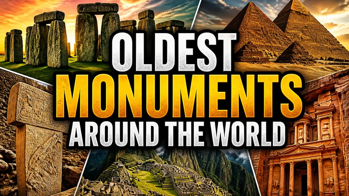 A bold, high-impact blog featured image in the style of a professional YouTube thumbnail or documentary poster. Create a dramatic photo-collage montage of 3-5 distinct historical scenes, subjects, or artifacts directly relevant to "22 Oldest Monuments Found Around the World" — vivid, cinematic documentary-photography style, rich color grading, high contrast, dynamic diagonal composition blending the scenes together. Overlay a large, bold, stacked headline of text on top reading exactly: "OLDEST MONUMENTS AROUND THE WORLD". Render the headline in a heavy, condensed, high-contrast font with a black outline/stroke for legibility, mixing white text with a single vibrant accent color (gold, red, or orange) on the most important word or phrase for emphasis, spelled correctly. The headline text must be the dominant visual element — large, bold, and easy to read even at small thumbnail size. Vibrant, punchy, professional commercial photography and graphic-design composition. 16:9 landscape. Keep the headline text within the vertical center safe zone, away from the very top and bottom edges of the frame, since the image may be cropped afterward. No watermarks, no logos, no extra captions or invented text beyond the headline itself.