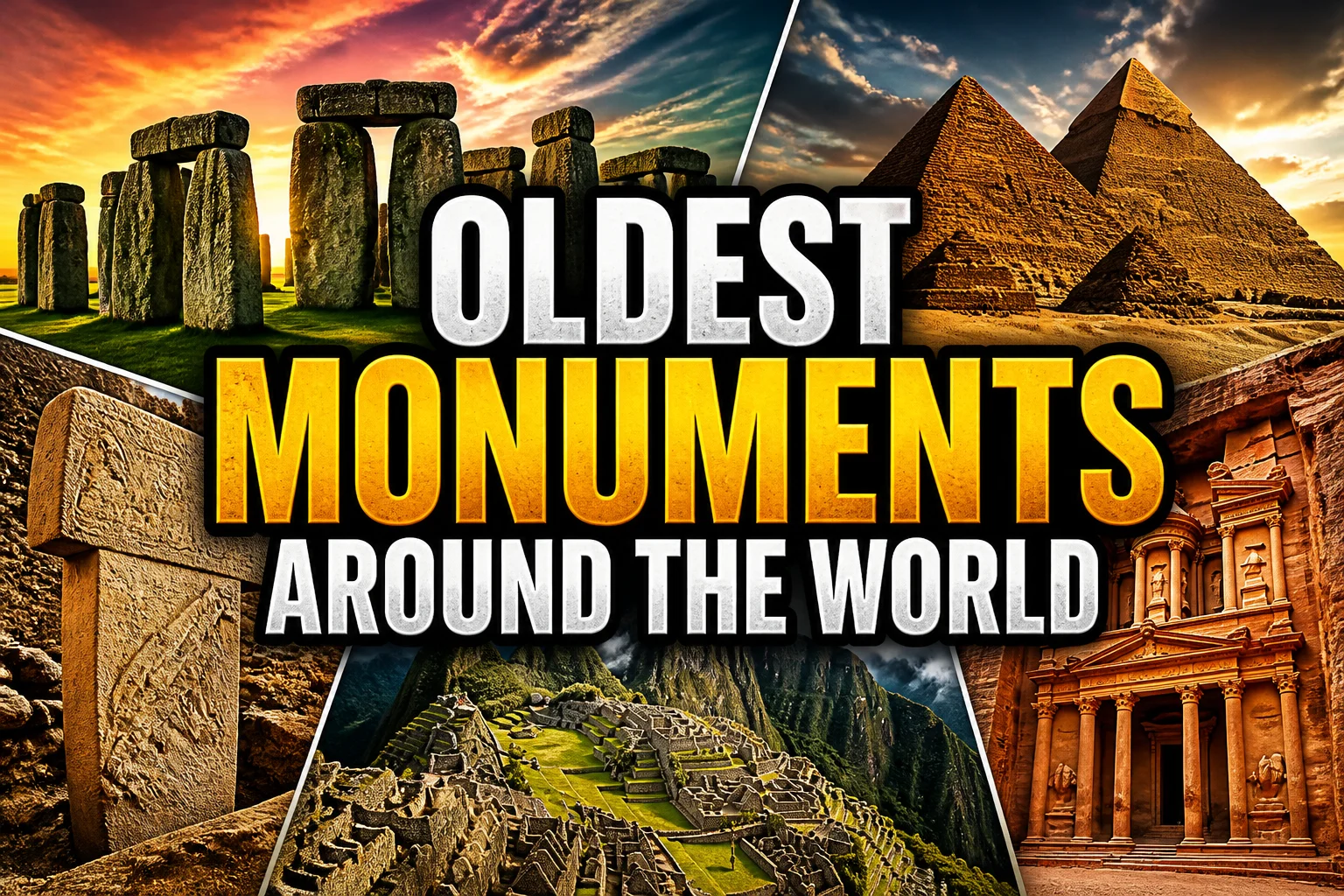 22 Oldest Monuments Found Around the World 2 A bold, high-impact blog featured image in the style of a professional YouTube thumbnail or documentary poster. Create a dramatic photo-collage montage of 3-5 distinct historical scenes, subjects, or artifacts directly relevant to "22 Oldest Monuments Found Around the World" — vivid, cinematic documentary-photography style, rich color grading, high contrast, dynamic diagonal composition blending the scenes together. Overlay a large, bold, stacked headline of text on top reading exactly: "OLDEST MONUMENTS AROUND THE WORLD". Render the headline in a heavy, condensed, high-contrast font with a black outline/stroke for legibility, mixing white text with a single vibrant accent color (gold, red, or orange) on the most important word or phrase for emphasis, spelled correctly. The headline text must be the dominant visual element — large, bold, and easy to read even at small thumbnail size. Vibrant, punchy, professional commercial photography and graphic-design composition. 16:9 landscape. Keep the headline text within the vertical center safe zone, away from the very top and bottom edges of the frame, since the image may be cropped afterward. No watermarks, no logos, no extra captions or invented text beyond the headline itself.