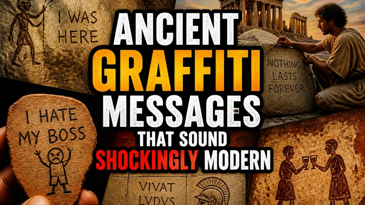 A bold, high-impact blog featured image in the style of a professional YouTube thumbnail or documentary poster. Create a dramatic photo-collage montage of 3-5 distinct historical scenes, subjects, or artifacts directly relevant to "23 Ancient Graffiti Messages That Sound Shockingly Modern" — vivid, cinematic documentary-photography style, rich color grading, high contrast, dynamic diagonal composition blending the scenes together. Overlay a large, bold, stacked headline of text on top reading exactly: "ANCIENT GRAFFITI MESSAGES THAT SOUND SHOCKINGLY MODERN". Render the headline in a heavy, condensed, high-contrast font with a black outline/stroke for legibility, mixing white text with a single vibrant accent color (gold, red, or orange) on the most important word or phrase for emphasis, spelled correctly. The headline text must be the dominant visual element — large, bold, and easy to read even at small thumbnail size. Vibrant, punchy, professional commercial photography and graphic-design composition. 16:9 landscape. Keep the headline text within the vertical center safe zone, away from the very top and bottom edges of the frame, since the image may be cropped afterward. No watermarks, no logos, no extra captions or invented text beyond the headline itself.