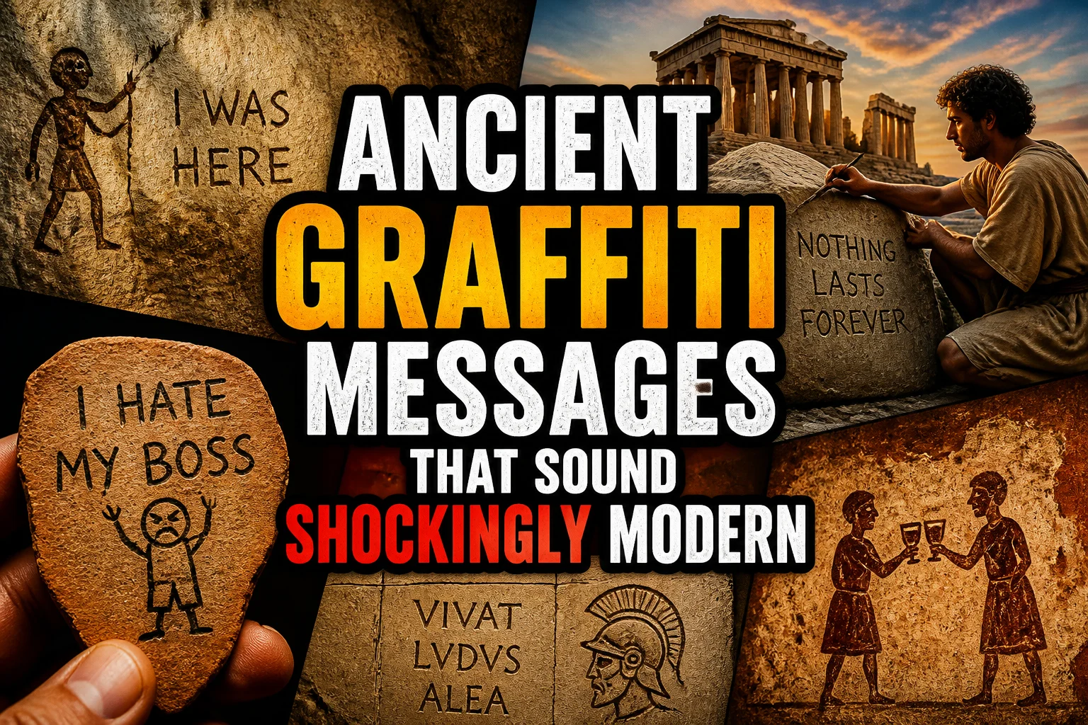 23 Ancient Graffiti Messages That Sound Shockingly Modern 2 A bold, high-impact blog featured image in the style of a professional YouTube thumbnail or documentary poster. Create a dramatic photo-collage montage of 3-5 distinct historical scenes, subjects, or artifacts directly relevant to "23 Ancient Graffiti Messages That Sound Shockingly Modern" — vivid, cinematic documentary-photography style, rich color grading, high contrast, dynamic diagonal composition blending the scenes together. Overlay a large, bold, stacked headline of text on top reading exactly: "ANCIENT GRAFFITI MESSAGES THAT SOUND SHOCKINGLY MODERN". Render the headline in a heavy, condensed, high-contrast font with a black outline/stroke for legibility, mixing white text with a single vibrant accent color (gold, red, or orange) on the most important word or phrase for emphasis, spelled correctly. The headline text must be the dominant visual element — large, bold, and easy to read even at small thumbnail size. Vibrant, punchy, professional commercial photography and graphic-design composition. 16:9 landscape. Keep the headline text within the vertical center safe zone, away from the very top and bottom edges of the frame, since the image may be cropped afterward. No watermarks, no logos, no extra captions or invented text beyond the headline itself.