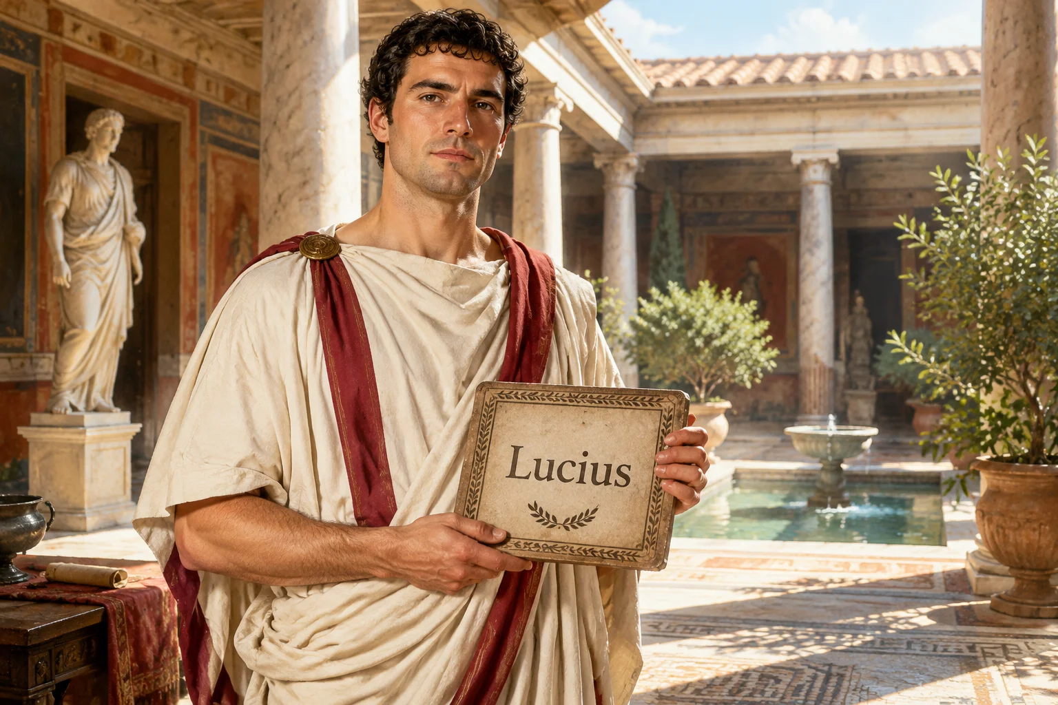 23 Best Roman Names: Ancient Rome's Most Popular Names 2 A Roman man in a toga standing in a sunlit atrium, with a tablet showing the name Lucius, ancient Roman setting, historical illustration