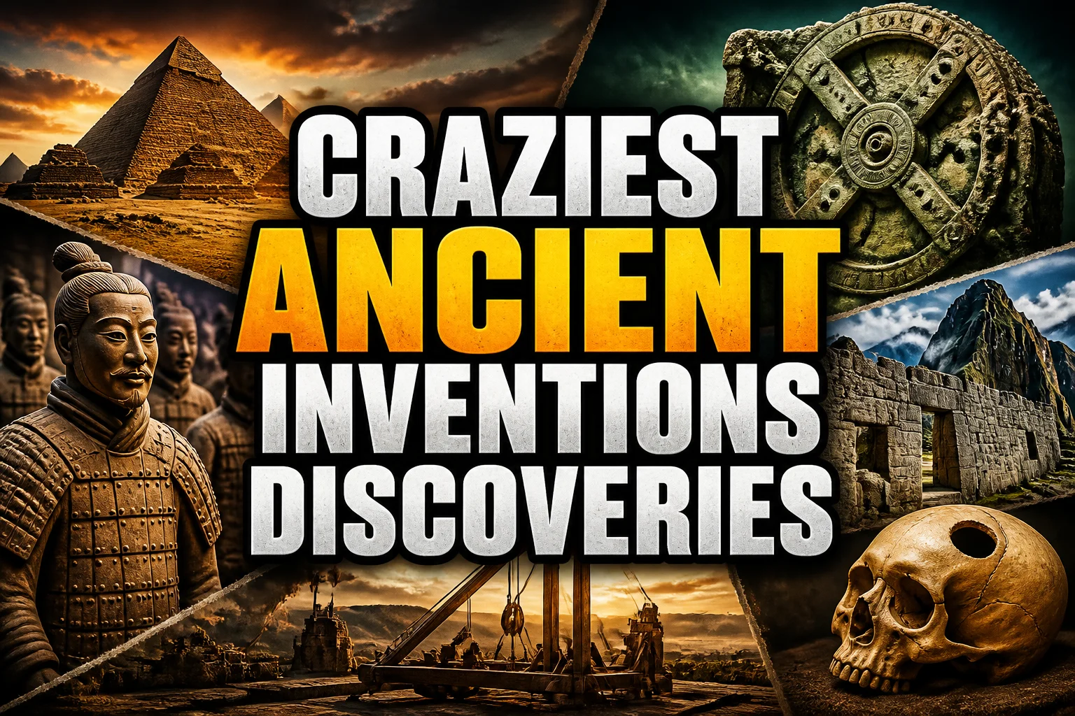 A bold, high-impact blog featured image in the style of a professional YouTube thumbnail or documentary poster. Create a dramatic photo-collage montage of 3-5 distinct historical scenes, subjects, or artifacts directly relevant to "23 Craziest Ancient Inventions and Discoveries (and the Myths Around Them)" — vivid, cinematic documentary-photography style, rich color grading, high contrast, dynamic diagonal composition blending the scenes together. Overlay a large, bold, stacked headline of text on top reading exactly: "CRAZIEST ANCIENT INVENTIONS DISCOVERIES". Render the headline in a heavy, condensed, high-contrast font with a black outline/stroke for legibility, mixing white text with a single vibrant accent color (gold, red, or orange) on the most important word or phrase for emphasis, spelled correctly. The headline text must be the dominant visual element — large, bold, and easy to read even at small thumbnail size. Vibrant, punchy, professional commercial photography and graphic-design composition. 16:9 landscape. Keep the headline text within the vertical center safe zone, away from the very top and bottom edges of the frame, since the image may be cropped afterward. No watermarks, no logos, no extra captions or invented text beyond the headline itself.