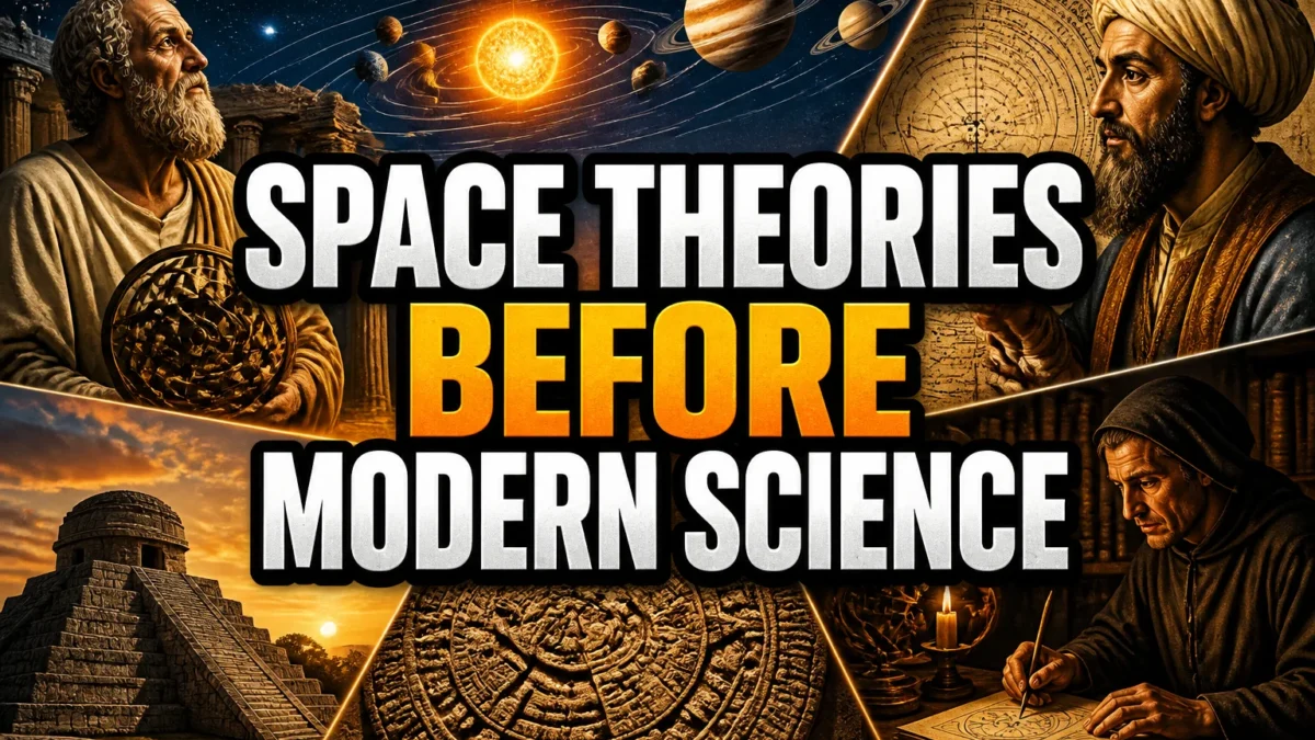 A bold, high-impact blog featured image in the style of a professional YouTube thumbnail or documentary poster. Create a dramatic photo-collage montage of 3-5 distinct historical scenes, subjects, or artifacts directly relevant to "23 Space Theories From Before Modern Science (And What They Got Right)" — vivid, cinematic documentary-photography style, rich color grading, high contrast, dynamic diagonal composition blending the scenes together. Overlay a large, bold, stacked headline of text on top reading exactly: "SPACE THEORIES BEFORE MODERN SCIENCE". Render the headline in a heavy, condensed, high-contrast font with a black outline/stroke for legibility, mixing white text with a single vibrant accent color (gold, red, or orange) on the most important word or phrase for emphasis, spelled correctly. The headline text must be the dominant visual element — large, bold, and easy to read even at small thumbnail size. Vibrant, punchy, professional commercial photography and graphic-design composition. 16:9 landscape. Keep the headline text within the vertical center safe zone, away from the very top and bottom edges of the frame, since the image may be cropped afterward. No watermarks, no logos, no extra captions or invented text beyond the headline itself.
