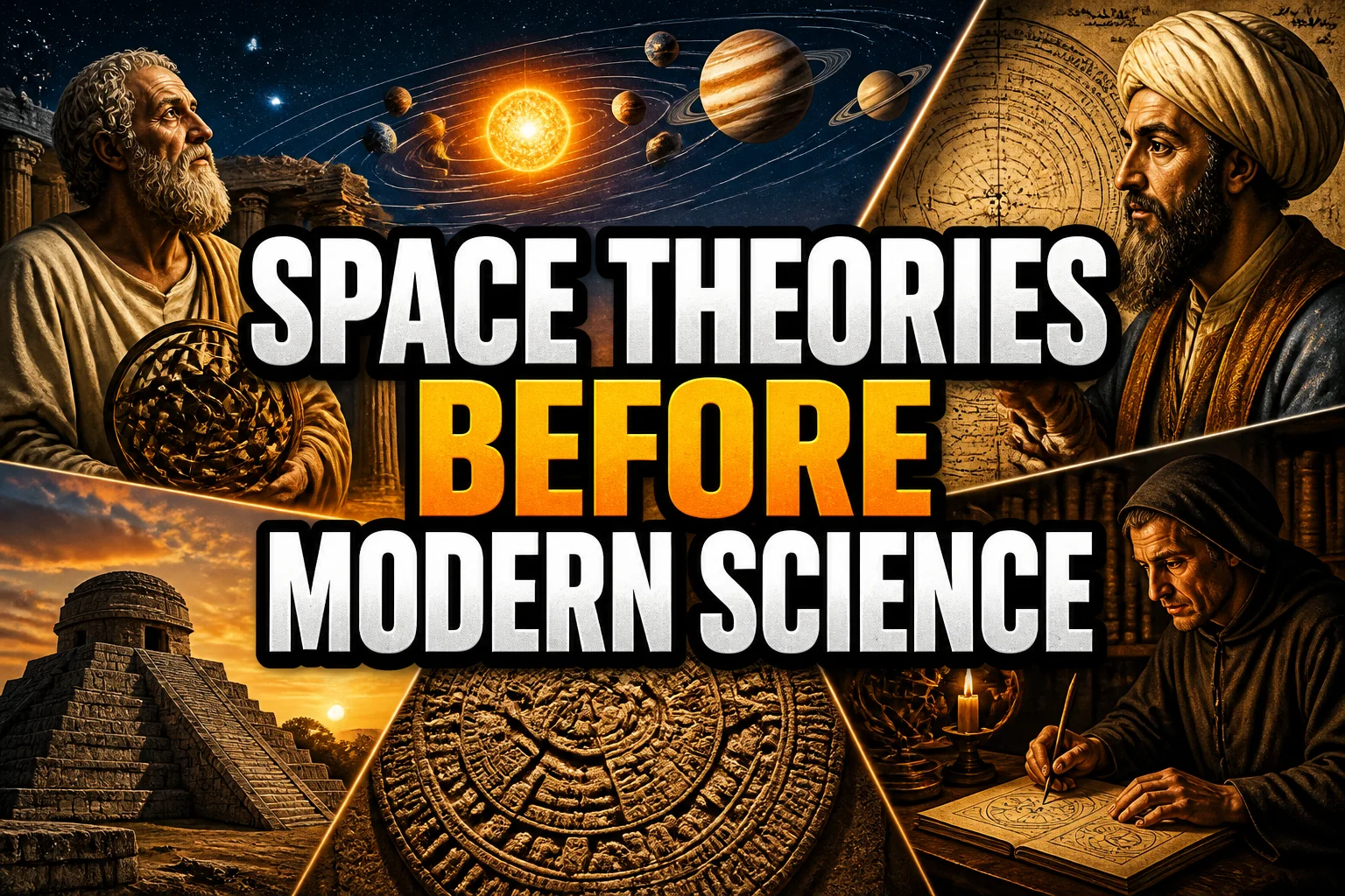 A bold, high-impact blog featured image in the style of a professional YouTube thumbnail or documentary poster. Create a dramatic photo-collage montage of 3-5 distinct historical scenes, subjects, or artifacts directly relevant to "23 Space Theories From Before Modern Science (And What They Got Right)" — vivid, cinematic documentary-photography style, rich color grading, high contrast, dynamic diagonal composition blending the scenes together. Overlay a large, bold, stacked headline of text on top reading exactly: "SPACE THEORIES BEFORE MODERN SCIENCE". Render the headline in a heavy, condensed, high-contrast font with a black outline/stroke for legibility, mixing white text with a single vibrant accent color (gold, red, or orange) on the most important word or phrase for emphasis, spelled correctly. The headline text must be the dominant visual element — large, bold, and easy to read even at small thumbnail size. Vibrant, punchy, professional commercial photography and graphic-design composition. 16:9 landscape. Keep the headline text within the vertical center safe zone, away from the very top and bottom edges of the frame, since the image may be cropped afterward. No watermarks, no logos, no extra captions or invented text beyond the headline itself.