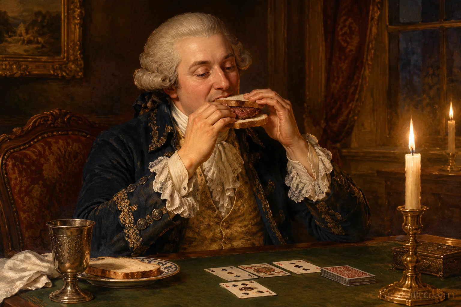 A vintage illustration of an eighteenth-century British aristocrat eating meat between two slices of bread at a card table, warm candlelight, painterly style.