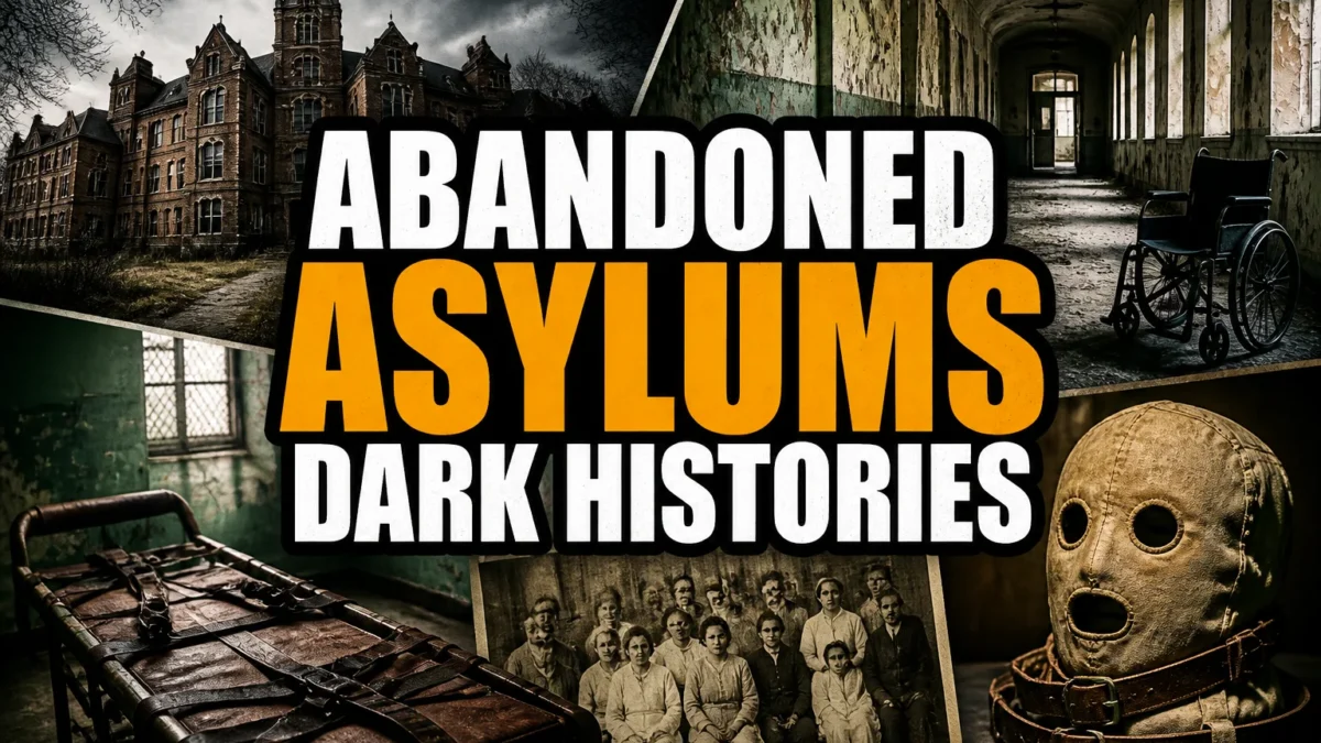 A bold, high-impact blog featured image in the style of a professional YouTube thumbnail or documentary poster. Create a dramatic photo-collage montage of 3-5 distinct historical scenes, subjects, or artifacts directly relevant to "24 Abandoned Asylums Whose Dark Histories Will Give You Creeps" — vivid, cinematic documentary-photography style, rich color grading, high contrast, dynamic diagonal composition blending the scenes together. Overlay a large, bold, stacked headline of text on top reading exactly: "ABANDONED ASYLUMS DARK HISTORIES". Render the headline in a heavy, condensed, high-contrast font with a black outline/stroke for legibility, mixing white text with a single vibrant accent color (gold, red, or orange) on the most important word or phrase for emphasis, spelled correctly. The headline text must be the dominant visual element — large, bold, and easy to read even at small thumbnail size. Vibrant, punchy, professional commercial photography and graphic-design composition. 16:9 landscape. Keep the headline text within the vertical center safe zone, away from the very top and bottom edges of the frame, since the image may be cropped afterward. No watermarks, no logos, no extra captions or invented text beyond the headline itself.