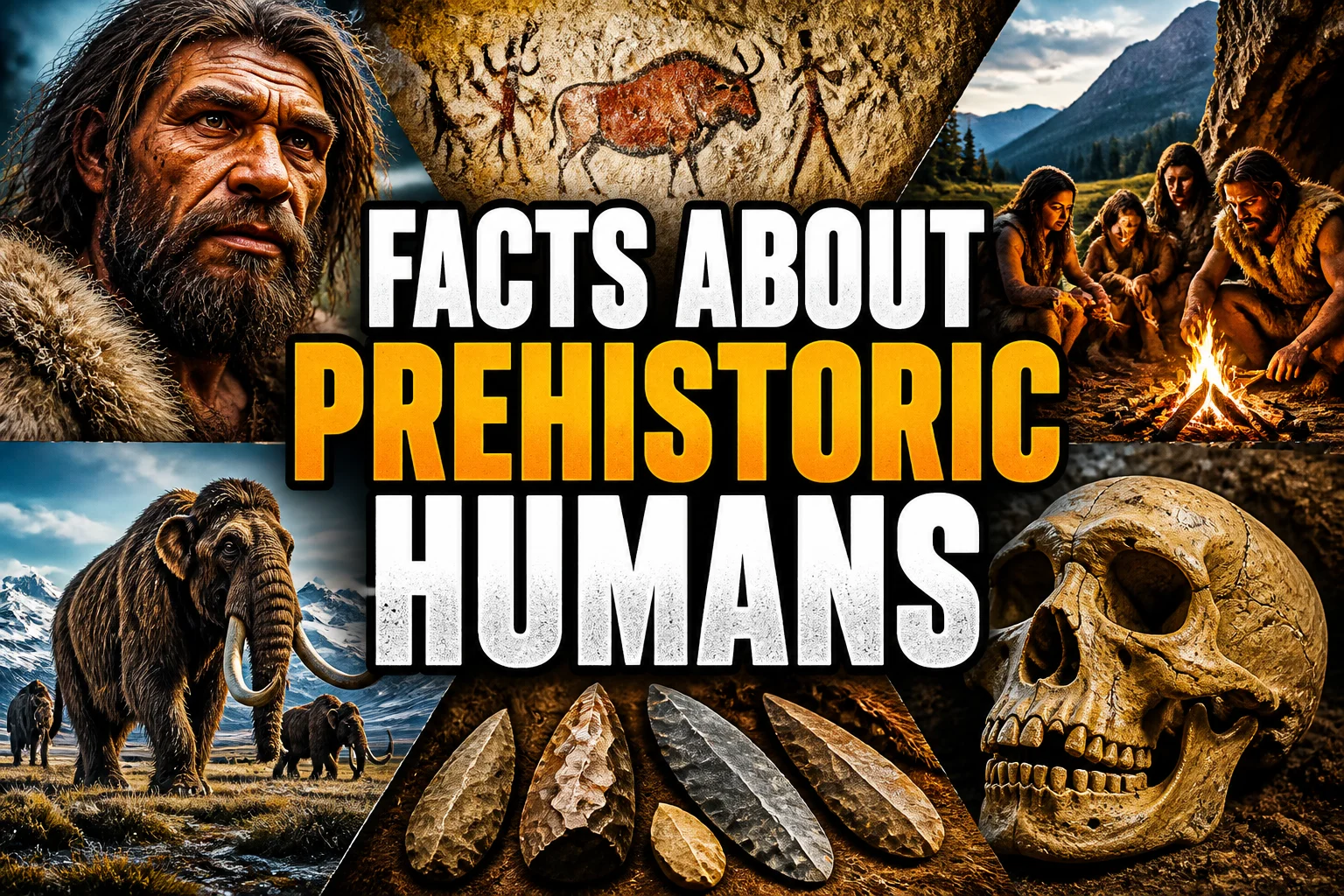 24 Facts About Prehistoric Humans 2 A bold, high-impact blog featured image in the style of a professional YouTube thumbnail or documentary poster. Create a dramatic photo-collage montage of 3-5 distinct historical scenes, subjects, or artifacts directly relevant to "24 Facts About Prehistoric Humans" — vivid, cinematic documentary-photography style, rich color grading, high contrast, dynamic diagonal composition blending the scenes together. Overlay a large, bold, stacked headline of text on top reading exactly: "FACTS ABOUT PREHISTORIC HUMANS". Render the headline in a heavy, condensed, high-contrast font with a black outline/stroke for legibility, mixing white text with a single vibrant accent color (gold, red, or orange) on the most important word or phrase for emphasis, spelled correctly. The headline text must be the dominant visual element — large, bold, and easy to read even at small thumbnail size. Vibrant, punchy, professional commercial photography and graphic-design composition. 16:9 landscape. Keep the headline text within the vertical center safe zone, away from the very top and bottom edges of the frame, since the image may be cropped afterward. No watermarks, no logos, no extra captions or invented text beyond the headline itself.