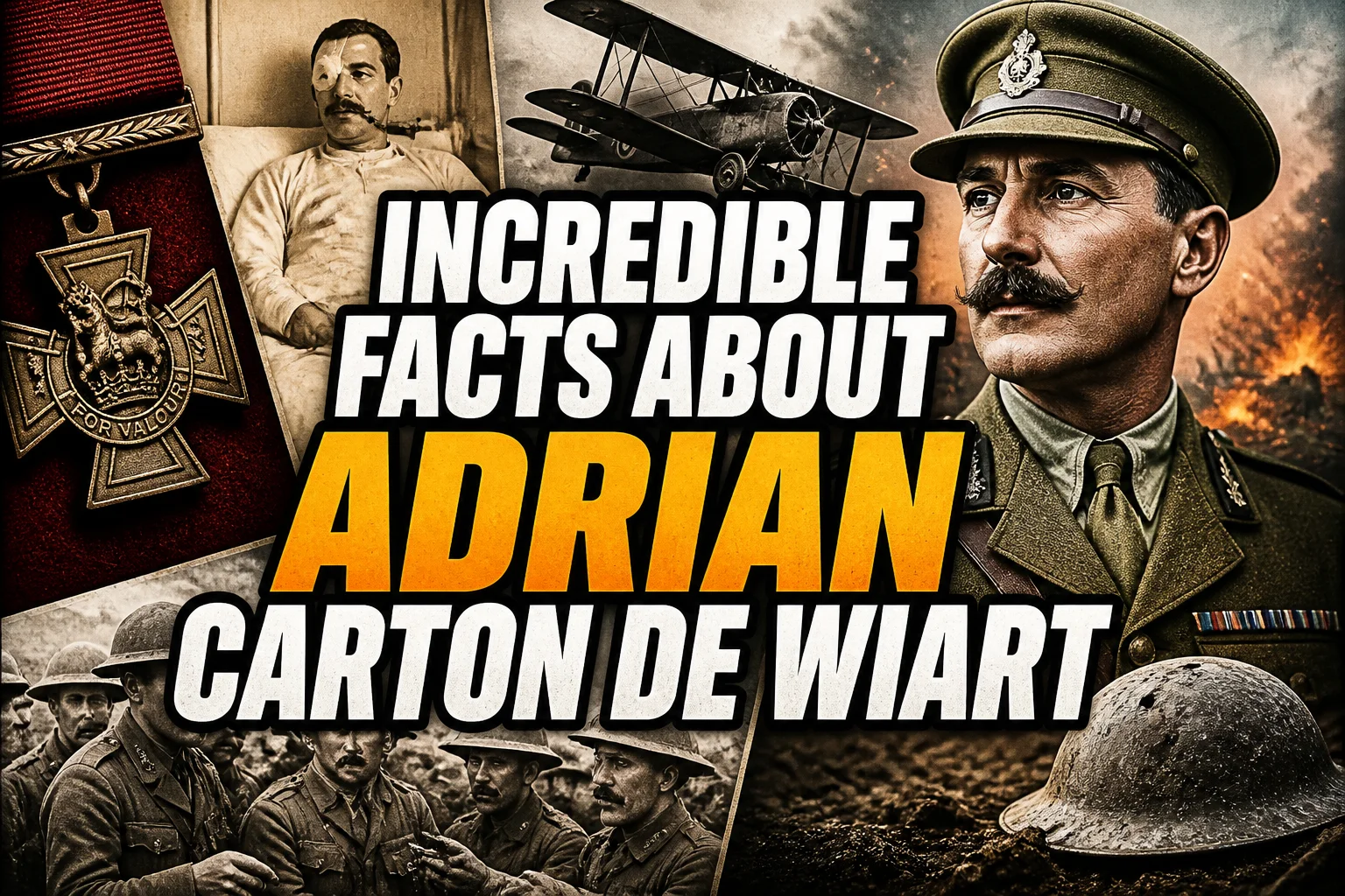 A bold, high-impact blog featured image in the style of a professional YouTube thumbnail or documentary poster. Create a dramatic photo-collage montage of 3-5 distinct historical scenes, subjects, or artifacts directly relevant to "24 Incredible Facts About Sir Adrian Carton de Wiart (and the Myths to Ignore)" — vivid, cinematic documentary-photography style, rich color grading, high contrast, dynamic diagonal composition blending the scenes together. Overlay a large, bold, stacked headline of text on top reading exactly: "INCREDIBLE FACTS ABOUT ADRIAN CARTON DE WIART". Render the headline in a heavy, condensed, high-contrast font with a black outline/stroke for legibility, mixing white text with a single vibrant accent color (gold, red, or orange) on the most important word or phrase for emphasis, spelled correctly. The headline text must be the dominant visual element — large, bold, and easy to read even at small thumbnail size. Vibrant, punchy, professional commercial photography and graphic-design composition. 16:9 landscape. Keep the headline text within the vertical center safe zone, away from the very top and bottom edges of the frame, since the image may be cropped afterward. No watermarks, no logos, no extra captions or invented text beyond the headline itself.