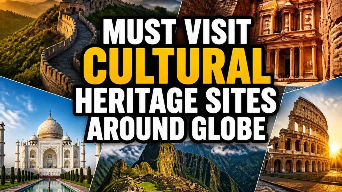 A bold, high-impact blog featured image in the style of a professional YouTube thumbnail or documentary poster. Create a dramatic photo-collage montage of 3-5 distinct historical scenes, subjects, or artifacts directly relevant to "24 Must-Visit Cultural Heritage Sites Around the Globe" — vivid, cinematic documentary-photography style, rich color grading, high contrast, dynamic diagonal composition blending the scenes together. Overlay a large, bold, stacked headline of text on top reading exactly: "MUST VISIT CULTURAL HERITAGE SITES AROUND GLOBE". Render the headline in a heavy, condensed, high-contrast font with a black outline/stroke for legibility, mixing white text with a single vibrant accent color (gold, red, or orange) on the most important word or phrase for emphasis, spelled correctly. The headline text must be the dominant visual element — large, bold, and easy to read even at small thumbnail size. Vibrant, punchy, professional commercial photography and graphic-design composition. 16:9 landscape. Keep the headline text within the vertical center safe zone, away from the very top and bottom edges of the frame, since the image may be cropped afterward. No watermarks, no logos, no extra captions or invented text beyond the headline itself.