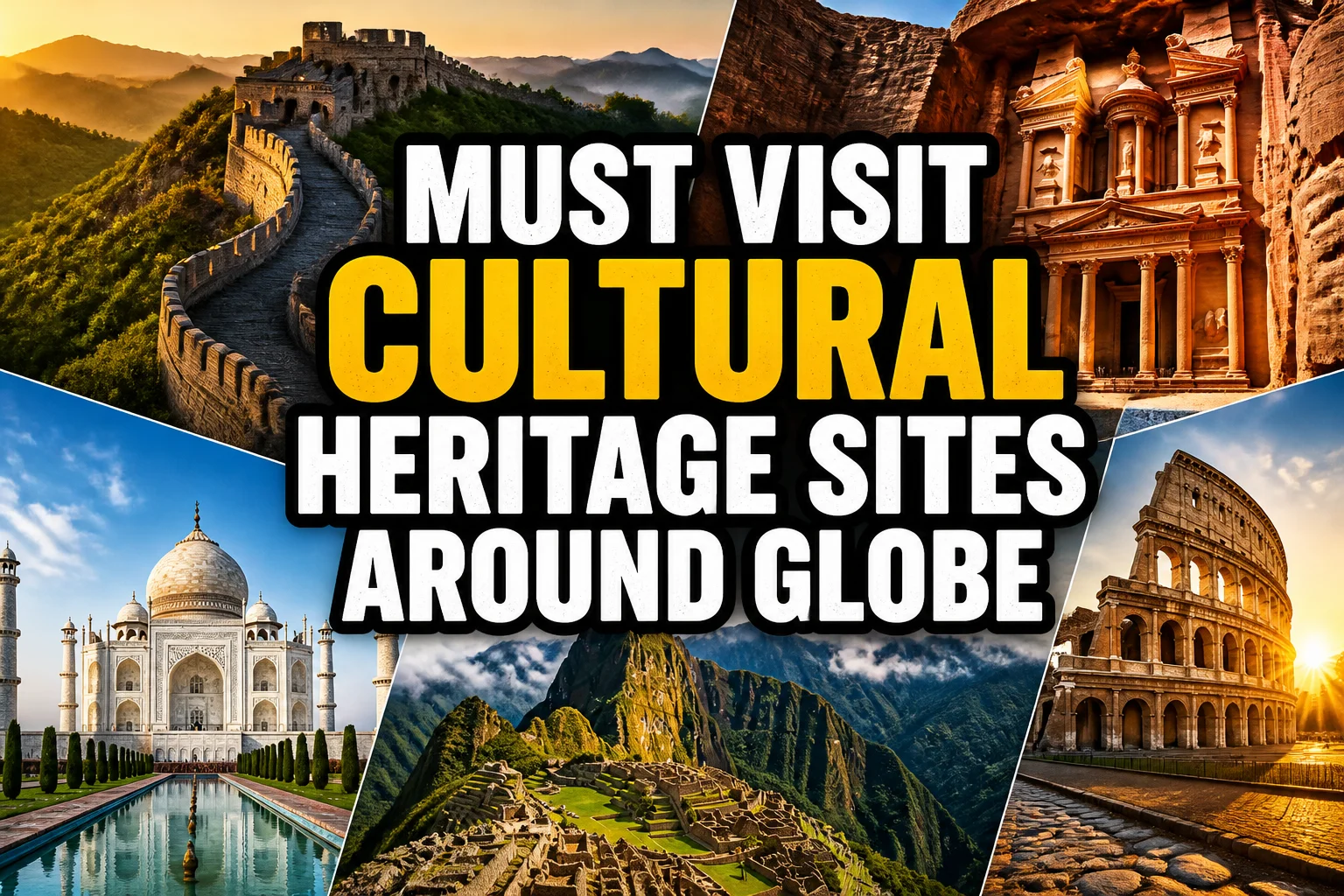 A bold, high-impact blog featured image in the style of a professional YouTube thumbnail or documentary poster. Create a dramatic photo-collage montage of 3-5 distinct historical scenes, subjects, or artifacts directly relevant to "24 Must-Visit Cultural Heritage Sites Around the Globe" — vivid, cinematic documentary-photography style, rich color grading, high contrast, dynamic diagonal composition blending the scenes together. Overlay a large, bold, stacked headline of text on top reading exactly: "MUST VISIT CULTURAL HERITAGE SITES AROUND GLOBE". Render the headline in a heavy, condensed, high-contrast font with a black outline/stroke for legibility, mixing white text with a single vibrant accent color (gold, red, or orange) on the most important word or phrase for emphasis, spelled correctly. The headline text must be the dominant visual element — large, bold, and easy to read even at small thumbnail size. Vibrant, punchy, professional commercial photography and graphic-design composition. 16:9 landscape. Keep the headline text within the vertical center safe zone, away from the very top and bottom edges of the frame, since the image may be cropped afterward. No watermarks, no logos, no extra captions or invented text beyond the headline itself.