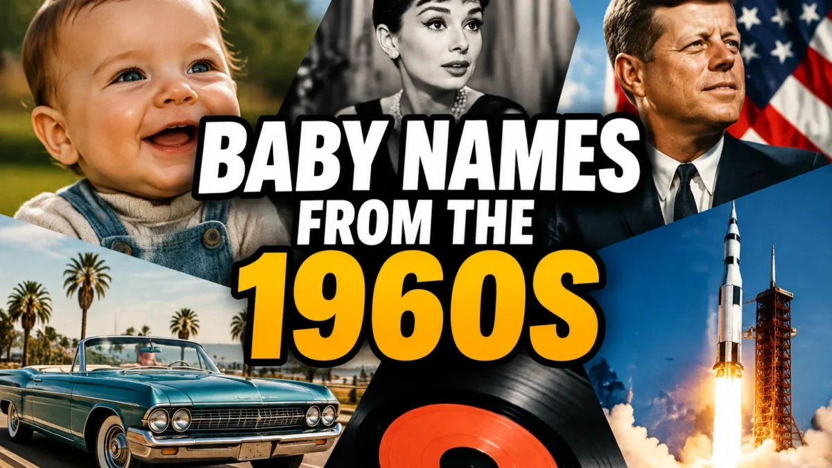 A bold, high-impact blog featured image in the style of a professional YouTube thumbnail or documentary poster. Create a dramatic photo-collage montage of 3-5 distinct historical scenes, subjects, or artifacts directly relevant to "25 Baby Names From the 1960s Parents Might Still Be Inspired to Pick Today" — vivid, cinematic documentary-photography style, rich color grading, high contrast, dynamic diagonal composition blending the scenes together. Overlay a large, bold, stacked headline of text on top reading exactly: "BABY NAMES FROM THE 1960S". Render the headline in a heavy, condensed, high-contrast font with a black outline/stroke for legibility, mixing white text with a single vibrant accent color (gold, red, or orange) on the most important word or phrase for emphasis, spelled correctly. The headline text must be the dominant visual element — large, bold, and easy to read even at small thumbnail size. Vibrant, punchy, professional commercial photography and graphic-design composition. 16:9 landscape. Keep the headline text within the vertical center safe zone, away from the very top and bottom edges of the frame, since the image may be cropped afterward. No watermarks, no logos, no extra captions or invented text beyond the headline itself.