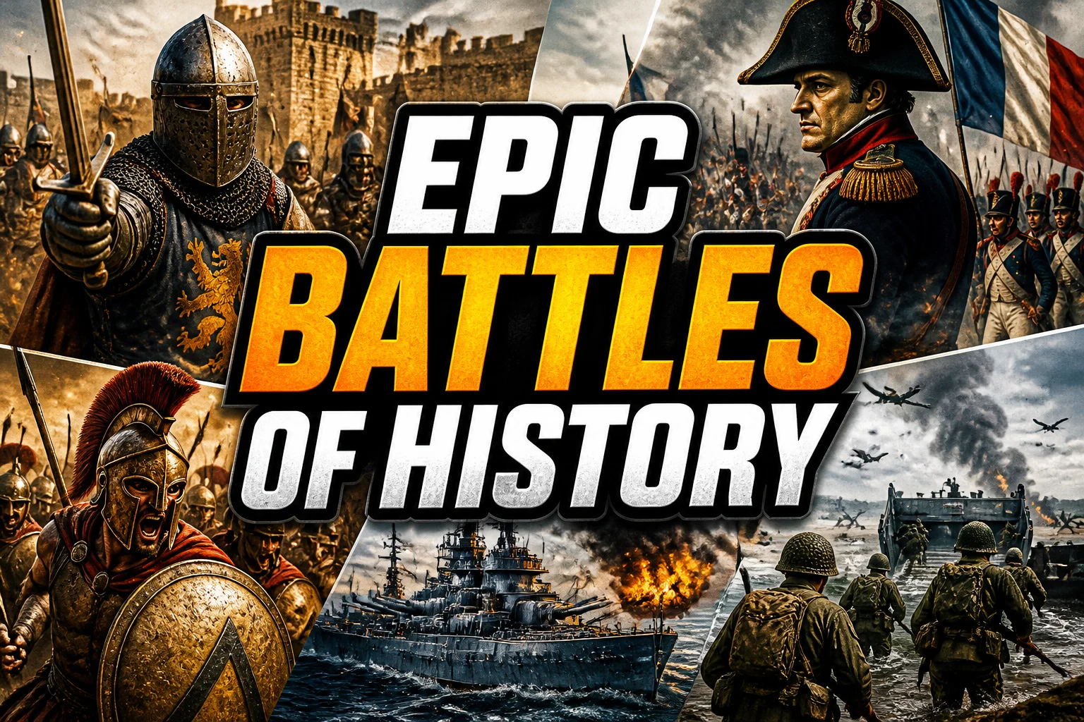 25 Epic Battles of History: The Greatest Clashes That Shaped Our World 2 A bold, high-impact blog featured image in the style of a professional YouTube thumbnail or documentary poster. Create a dramatic photo-collage montage of 3-5 distinct historical scenes, subjects, or artifacts directly relevant to "25 Epic Battles of History: The Greatest Clashes That Shaped Our World" — vivid, cinematic documentary-photography style, rich color grading, high contrast, dynamic diagonal composition blending the scenes together. Overlay a large, bold, stacked headline of text on top reading exactly: "EPIC BATTLES OF HISTORY". Render the headline in a heavy, condensed, high-contrast font with a black outline/stroke for legibility, mixing white text with a single vibrant accent color (gold, red, or orange) on the most important word or phrase for emphasis, spelled correctly. The headline text must be the dominant visual element — large, bold, and easy to read even at small thumbnail size. Vibrant, punchy, professional commercial photography and graphic-design composition. 16:9 landscape. Keep the headline text within the vertical center safe zone, away from the very top and bottom edges of the frame, since the image may be cropped afterward. No watermarks, no logos, no extra captions or invented text beyond the headline itself.