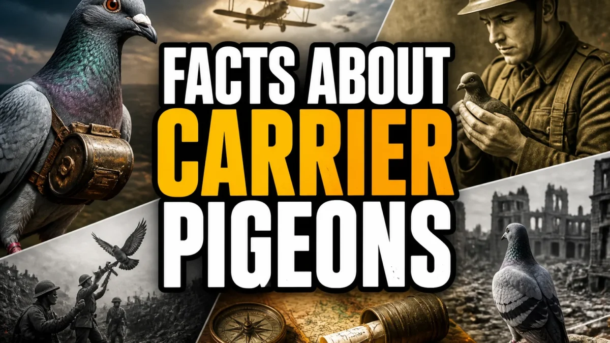 A bold, high-impact blog featured image in the style of a professional YouTube thumbnail or documentary poster. Create a dramatic photo-collage montage of 3-5 distinct historical scenes, subjects, or artifacts directly relevant to "25 Facts About Carrier Pigeons" — vivid, cinematic documentary-photography style, rich color grading, high contrast, dynamic diagonal composition blending the scenes together. Overlay a large, bold, stacked headline of text on top reading exactly: "FACTS ABOUT CARRIER PIGEONS". Render the headline in a heavy, condensed, high-contrast font with a black outline/stroke for legibility, mixing white text with a single vibrant accent color (gold, red, or orange) on the most important word or phrase for emphasis, spelled correctly. The headline text must be the dominant visual element — large, bold, and easy to read even at small thumbnail size. Vibrant, punchy, professional commercial photography and graphic-design composition. 16:9 landscape. Keep the headline text within the vertical center safe zone, away from the very top and bottom edges of the frame, since the image may be cropped afterward. No watermarks, no logos, no extra captions or invented text beyond the headline itself.