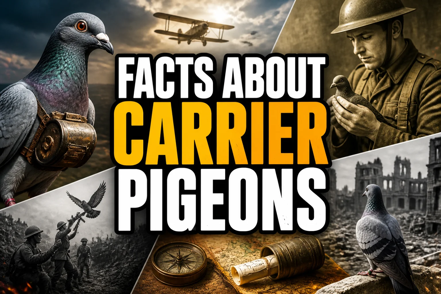 A bold, high-impact blog featured image in the style of a professional YouTube thumbnail or documentary poster. Create a dramatic photo-collage montage of 3-5 distinct historical scenes, subjects, or artifacts directly relevant to "25 Facts About Carrier Pigeons" — vivid, cinematic documentary-photography style, rich color grading, high contrast, dynamic diagonal composition blending the scenes together. Overlay a large, bold, stacked headline of text on top reading exactly: "FACTS ABOUT CARRIER PIGEONS". Render the headline in a heavy, condensed, high-contrast font with a black outline/stroke for legibility, mixing white text with a single vibrant accent color (gold, red, or orange) on the most important word or phrase for emphasis, spelled correctly. The headline text must be the dominant visual element — large, bold, and easy to read even at small thumbnail size. Vibrant, punchy, professional commercial photography and graphic-design composition. 16:9 landscape. Keep the headline text within the vertical center safe zone, away from the very top and bottom edges of the frame, since the image may be cropped afterward. No watermarks, no logos, no extra captions or invented text beyond the headline itself.