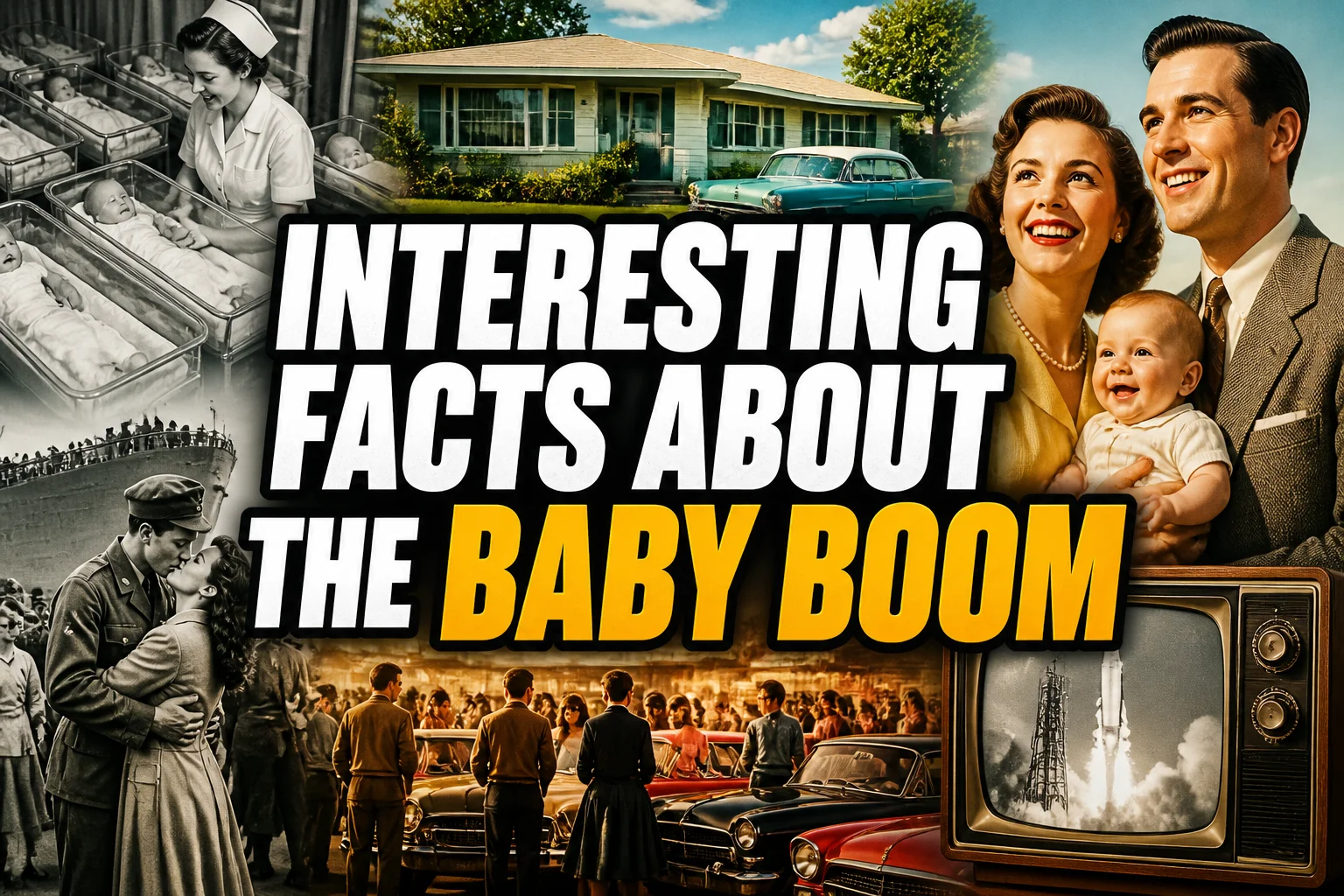 A bold, high-impact blog featured image in the style of a professional YouTube thumbnail or documentary poster. Create a dramatic photo-collage montage of 3-5 distinct historical scenes, subjects, or artifacts directly relevant to "25 Interesting Facts About the Baby Boom (Dates, Causes, and Myths)" — vivid, cinematic documentary-photography style, rich color grading, high contrast, dynamic diagonal composition blending the scenes together. Overlay a large, bold, stacked headline of text on top reading exactly: "INTERESTING FACTS ABOUT THE BABY BOOM". Render the headline in a heavy, condensed, high-contrast font with a black outline/stroke for legibility, mixing white text with a single vibrant accent color (gold, red, or orange) on the most important word or phrase for emphasis, spelled correctly. The headline text must be the dominant visual element — large, bold, and easy to read even at small thumbnail size. Vibrant, punchy, professional commercial photography and graphic-design composition. 16:9 landscape. Keep the headline text within the vertical center safe zone, away from the very top and bottom edges of the frame, since the image may be cropped afterward. No watermarks, no logos, no extra captions or invented text beyond the headline itself.