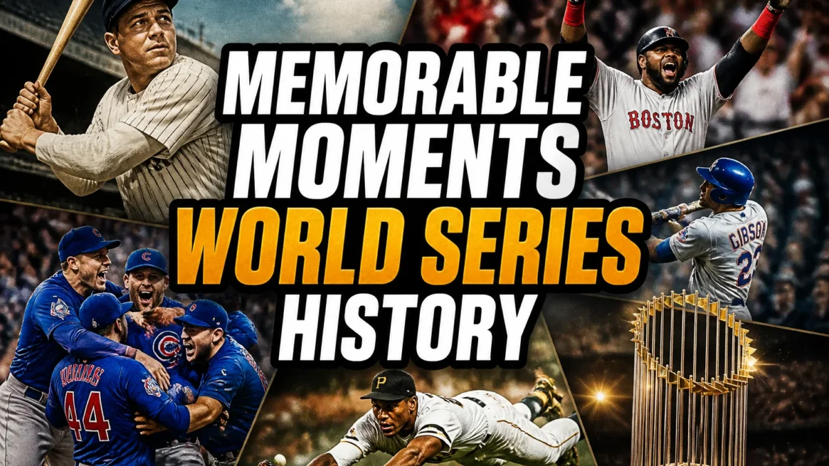 A bold, high-impact blog featured image in the style of a professional YouTube thumbnail or documentary poster. Create a dramatic photo-collage montage of 3-5 distinct historical scenes, subjects, or artifacts directly relevant to "25 Memorable Moments That Defined World Series History" — vivid, cinematic documentary-photography style, rich color grading, high contrast, dynamic diagonal composition blending the scenes together. Overlay a large, bold, stacked headline of text on top reading exactly: "MEMORABLE MOMENTS WORLD SERIES HISTORY". Render the headline in a heavy, condensed, high-contrast font with a black outline/stroke for legibility, mixing white text with a single vibrant accent color (gold, red, or orange) on the most important word or phrase for emphasis, spelled correctly. The headline text must be the dominant visual element — large, bold, and easy to read even at small thumbnail size. Vibrant, punchy, professional commercial photography and graphic-design composition. 16:9 landscape. Keep the headline text within the vertical center safe zone, away from the very top and bottom edges of the frame, since the image may be cropped afterward. No watermarks, no logos, no extra captions or invented text beyond the headline itself.