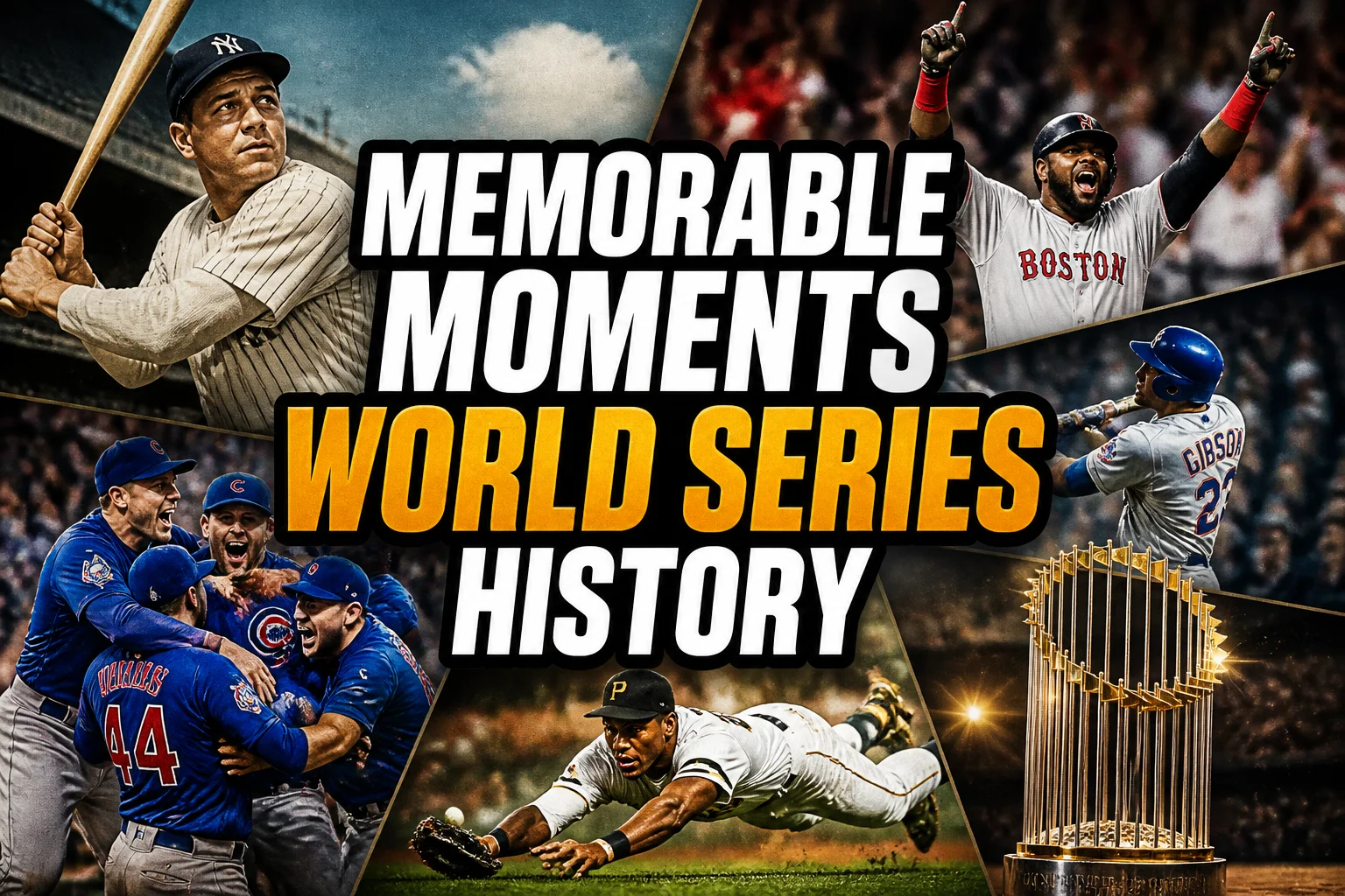 25 Memorable Moments That Defined World Series History 2 A bold, high-impact blog featured image in the style of a professional YouTube thumbnail or documentary poster. Create a dramatic photo-collage montage of 3-5 distinct historical scenes, subjects, or artifacts directly relevant to "25 Memorable Moments That Defined World Series History" — vivid, cinematic documentary-photography style, rich color grading, high contrast, dynamic diagonal composition blending the scenes together. Overlay a large, bold, stacked headline of text on top reading exactly: "MEMORABLE MOMENTS WORLD SERIES HISTORY". Render the headline in a heavy, condensed, high-contrast font with a black outline/stroke for legibility, mixing white text with a single vibrant accent color (gold, red, or orange) on the most important word or phrase for emphasis, spelled correctly. The headline text must be the dominant visual element — large, bold, and easy to read even at small thumbnail size. Vibrant, punchy, professional commercial photography and graphic-design composition. 16:9 landscape. Keep the headline text within the vertical center safe zone, away from the very top and bottom edges of the frame, since the image may be cropped afterward. No watermarks, no logos, no extra captions or invented text beyond the headline itself.