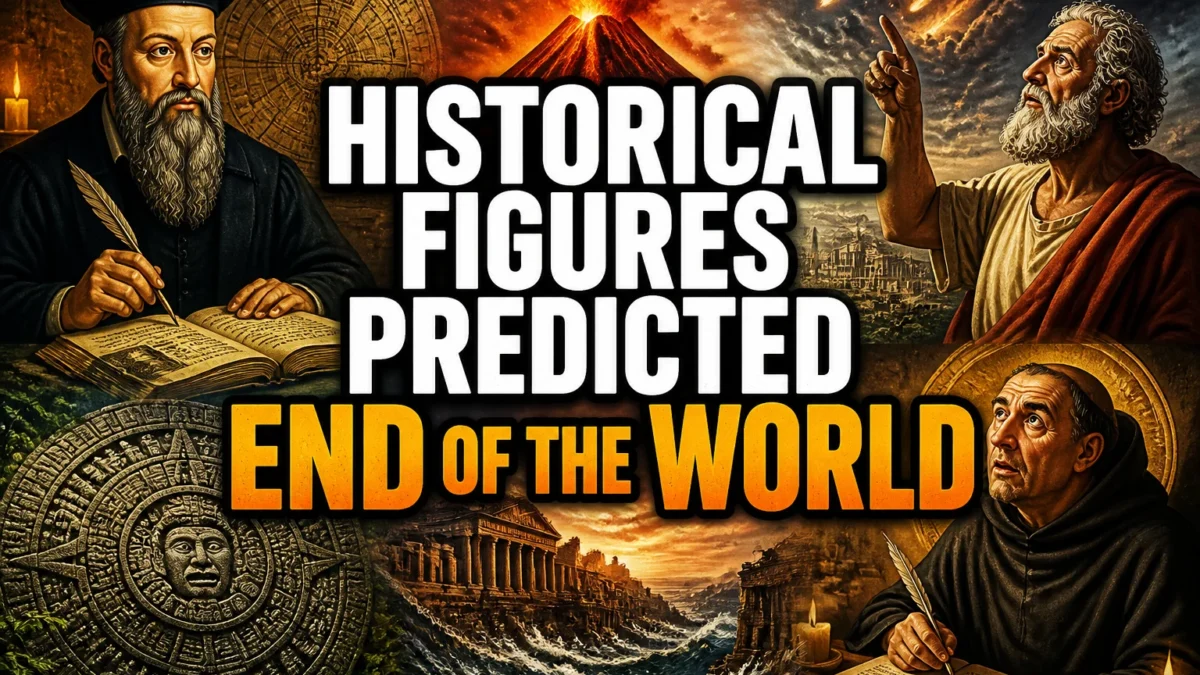 A bold, high-impact blog featured image in the style of a professional YouTube thumbnail or documentary poster. Create a dramatic photo-collage montage of 3-5 distinct historical scenes, subjects, or artifacts directly relevant to "25 Times Historical Figures Predicted the End of the World" — vivid, cinematic documentary-photography style, rich color grading, high contrast, dynamic diagonal composition blending the scenes together. Overlay a large, bold, stacked headline of text on top reading exactly: "HISTORICAL FIGURES PREDICTED END OF THE WORLD". Render the headline in a heavy, condensed, high-contrast font with a black outline/stroke for legibility, mixing white text with a single vibrant accent color (gold, red, or orange) on the most important word or phrase for emphasis, spelled correctly. The headline text must be the dominant visual element — large, bold, and easy to read even at small thumbnail size. Vibrant, punchy, professional commercial photography and graphic-design composition. 16:9 landscape. Keep the headline text within the vertical center safe zone, away from the very top and bottom edges of the frame, since the image may be cropped afterward. No watermarks, no logos, no extra captions or invented text beyond the headline itself.