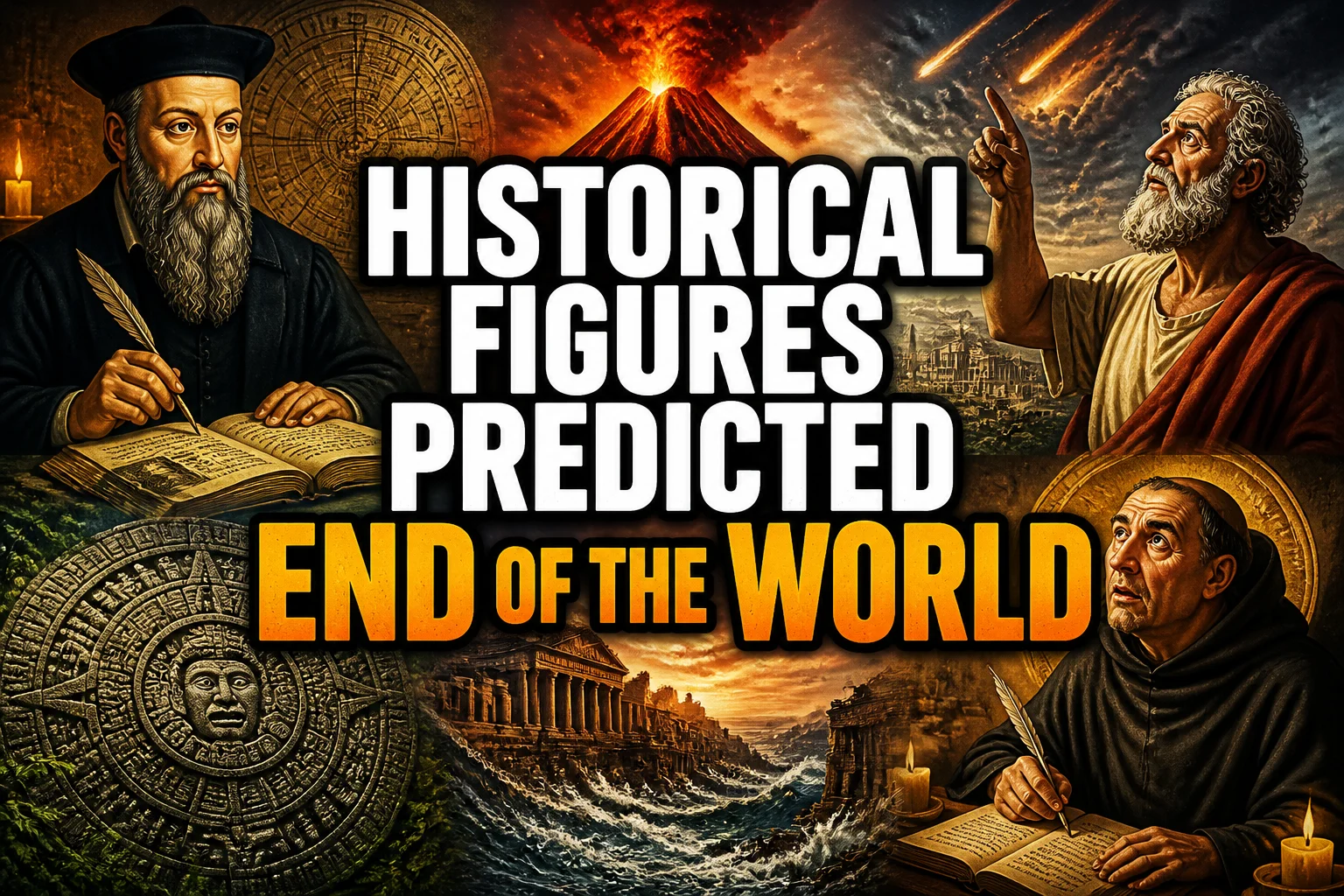 25 Times Historical Figures Predicted the End of the World 2 A bold, high-impact blog featured image in the style of a professional YouTube thumbnail or documentary poster. Create a dramatic photo-collage montage of 3-5 distinct historical scenes, subjects, or artifacts directly relevant to "25 Times Historical Figures Predicted the End of the World" — vivid, cinematic documentary-photography style, rich color grading, high contrast, dynamic diagonal composition blending the scenes together. Overlay a large, bold, stacked headline of text on top reading exactly: "HISTORICAL FIGURES PREDICTED END OF THE WORLD". Render the headline in a heavy, condensed, high-contrast font with a black outline/stroke for legibility, mixing white text with a single vibrant accent color (gold, red, or orange) on the most important word or phrase for emphasis, spelled correctly. The headline text must be the dominant visual element — large, bold, and easy to read even at small thumbnail size. Vibrant, punchy, professional commercial photography and graphic-design composition. 16:9 landscape. Keep the headline text within the vertical center safe zone, away from the very top and bottom edges of the frame, since the image may be cropped afterward. No watermarks, no logos, no extra captions or invented text beyond the headline itself.