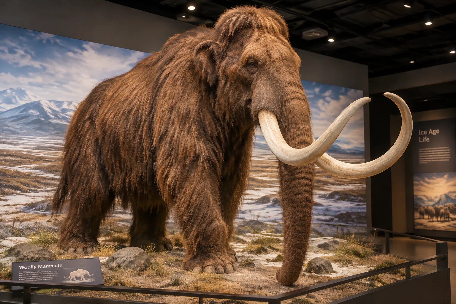 Museum-style comparison illustration of a woolly mammoth standing beside an Asian elephant, with a cutaway showing how similar their skeletons are.