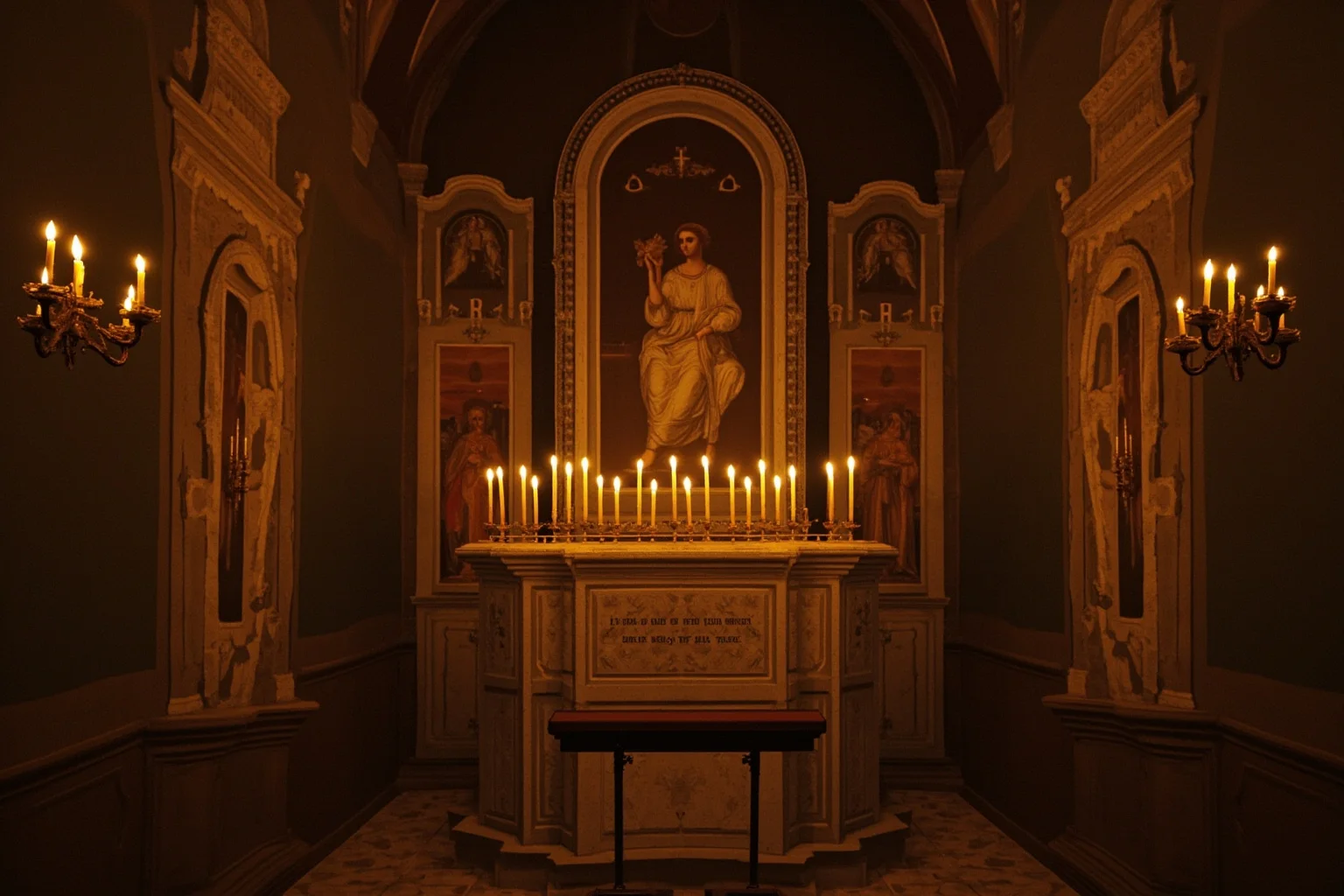 8th century Roman chapel interior with candlelit altar dedicated to all saints, warm golden light, historical painting style, no text