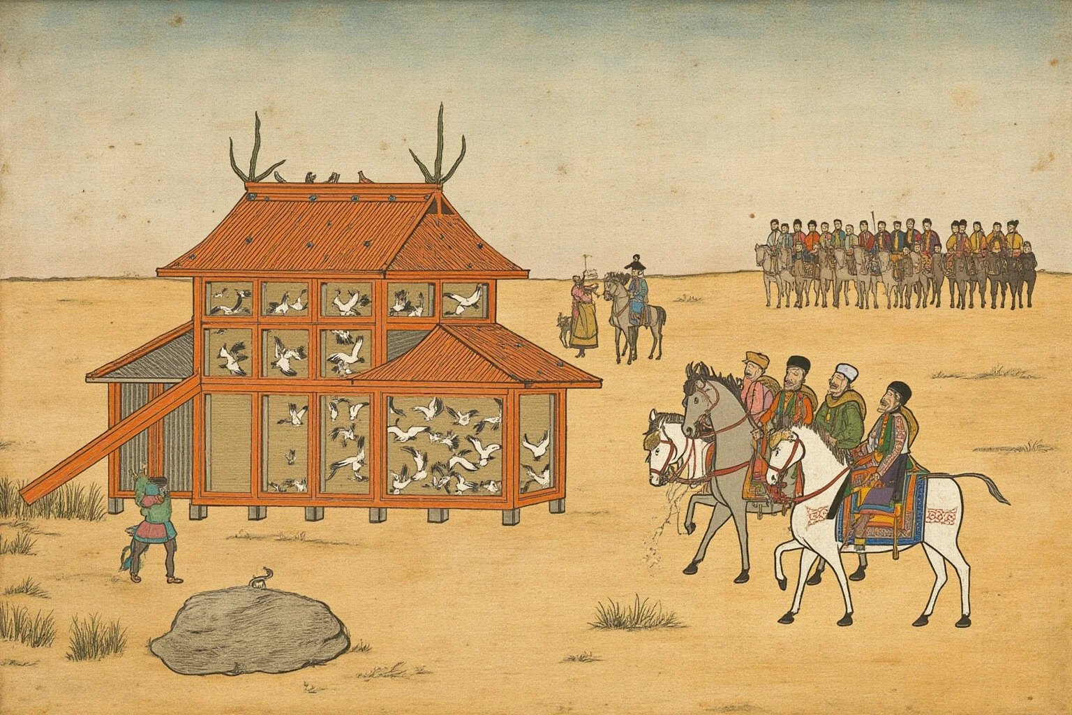 A 13th-century Mongol Empire scene showing a relay station on the Asian steppe with pigeons in a loft and horsemen in the background