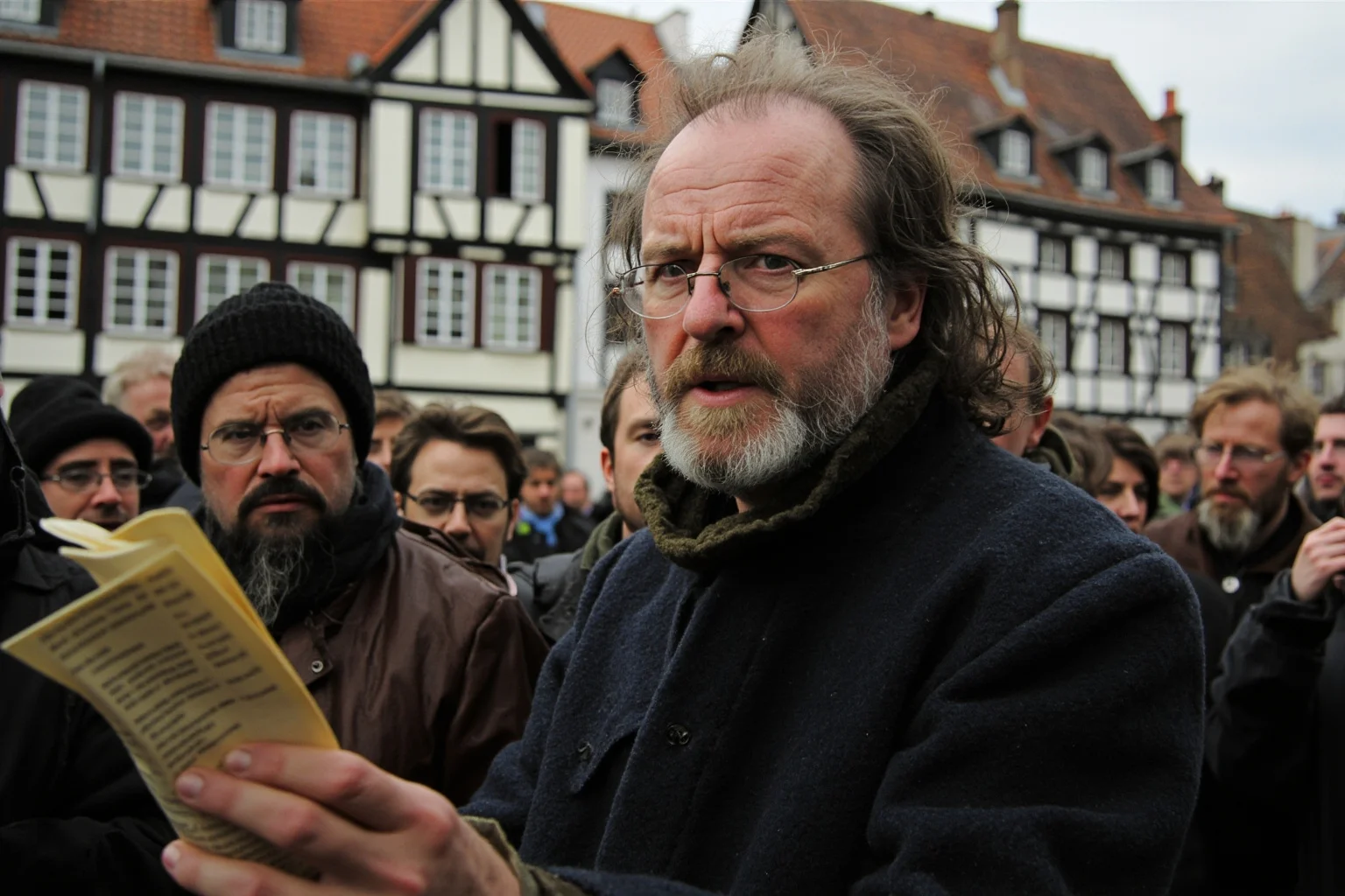 25 Times Historical Figures Predicted the End of the World 9 A 16th-century Anabaptist preacher in a simple coat speaking in a crowded market square, printed broadsheets in raised hands, half-timbered buildings behind.