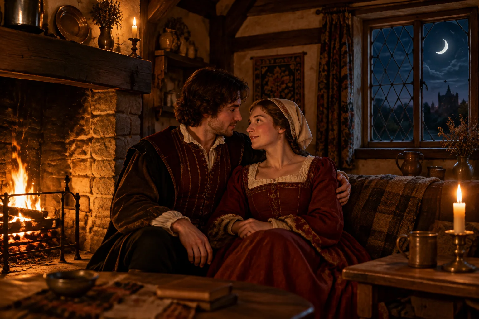 When Did Honeymoons Become A Normal Part Of Getting Married? 2 A 16th-century English couple in a cozy cottage, sitting by a fire, a crescent moon visible through the window, symbolizing the fleeting sweetness of early marriage.