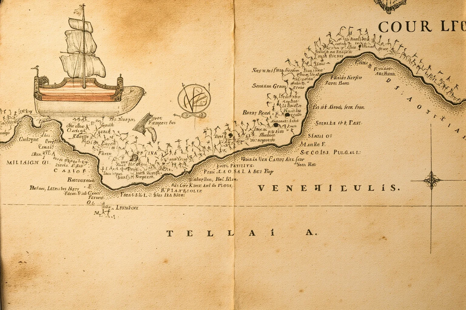 Old Money: 24 Hidden Dynasties That Shaped the Course of History 5 A 16th-century hand-drawn map of the Venezuelan coastline with a Spanish galleon and a merchant's seal in the corner, aged parchment texture, no people, still-life photography.