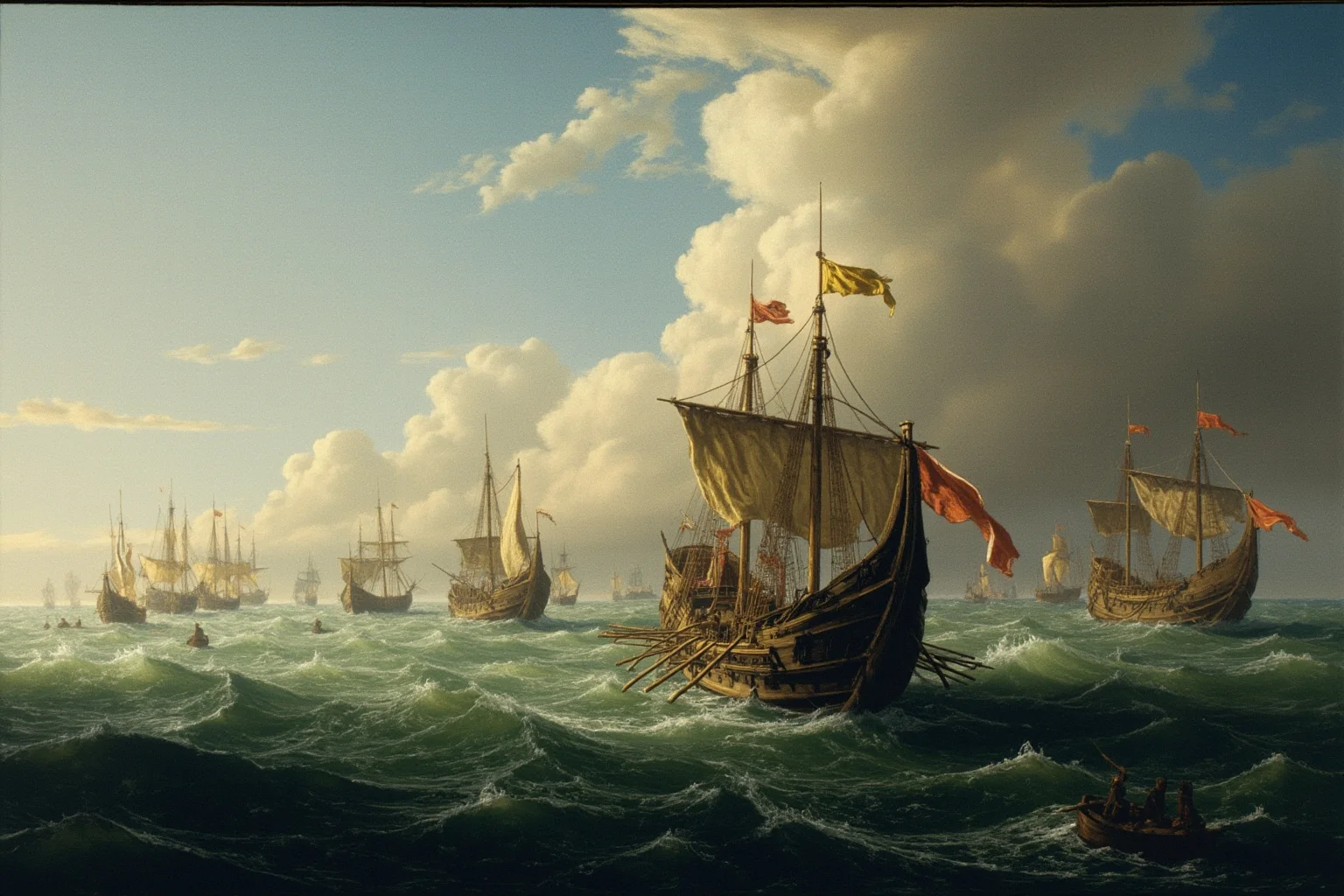 A 16th-century Mediterranean galley fleet at sea with oars and banners, dramatic clouds, no people visible.