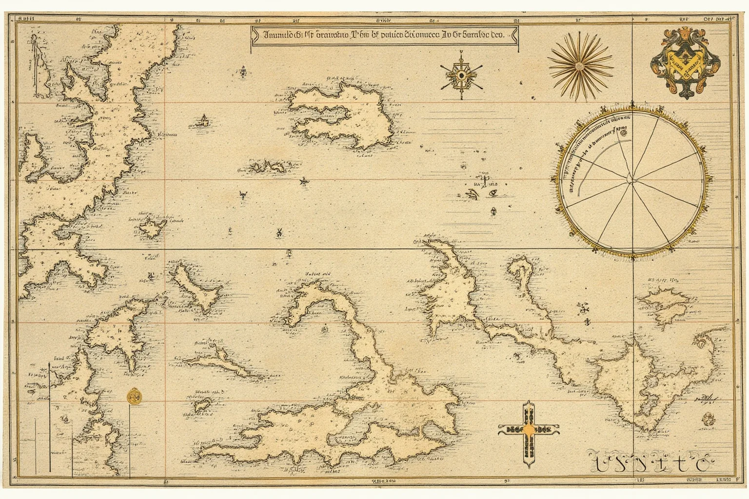 A 16th-century portolan chart with detailed coastlines, compass roses, and rhumb lines, used by sailors on a ship's deck.