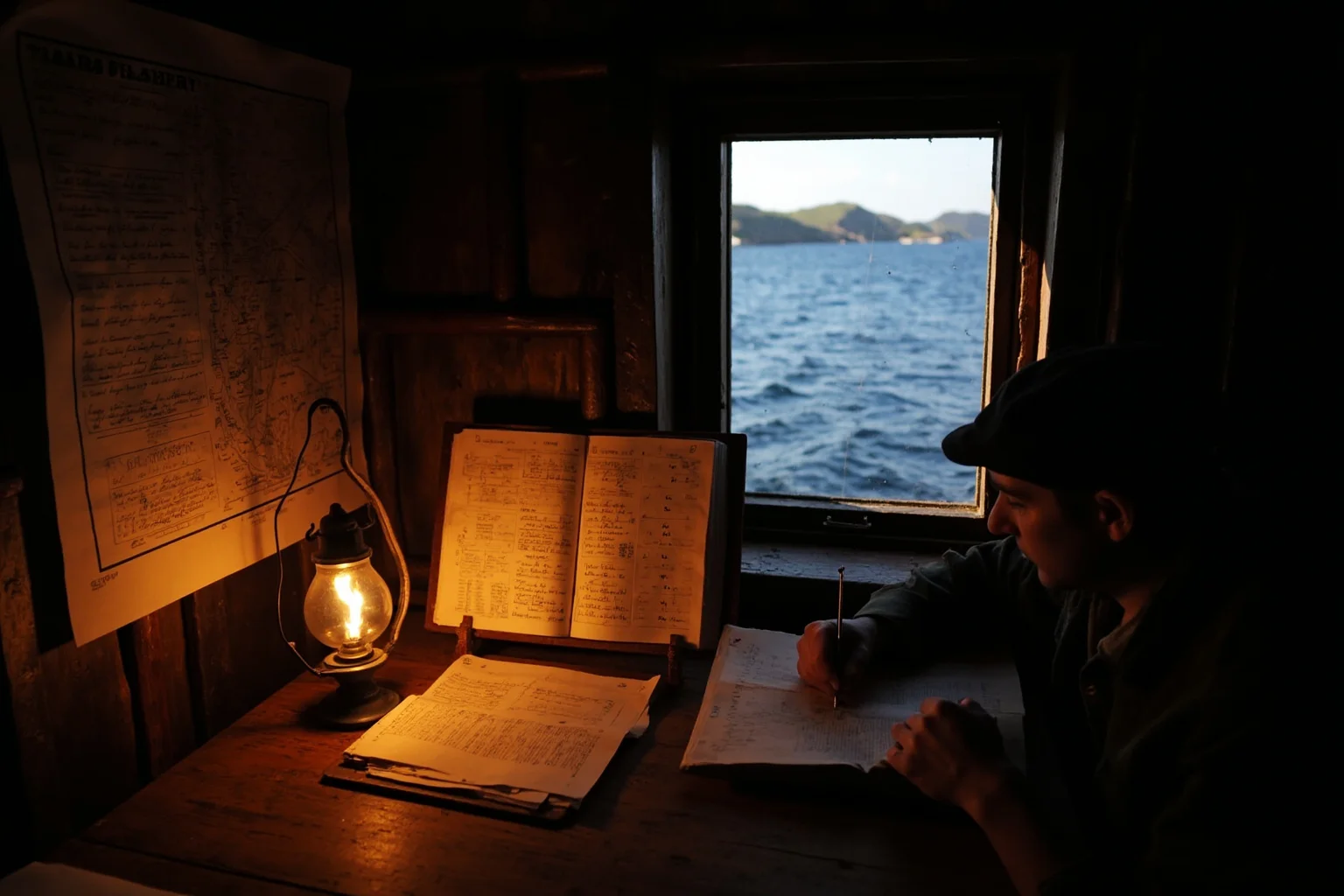 25 Times Historical Figures Predicted the End of the World 7 A 16th-century ship's cabin lit by an oil lamp, sea charts and an open Bible on the table, a navigator's hand writing numbers into a ledger, coastline visible through a small window.