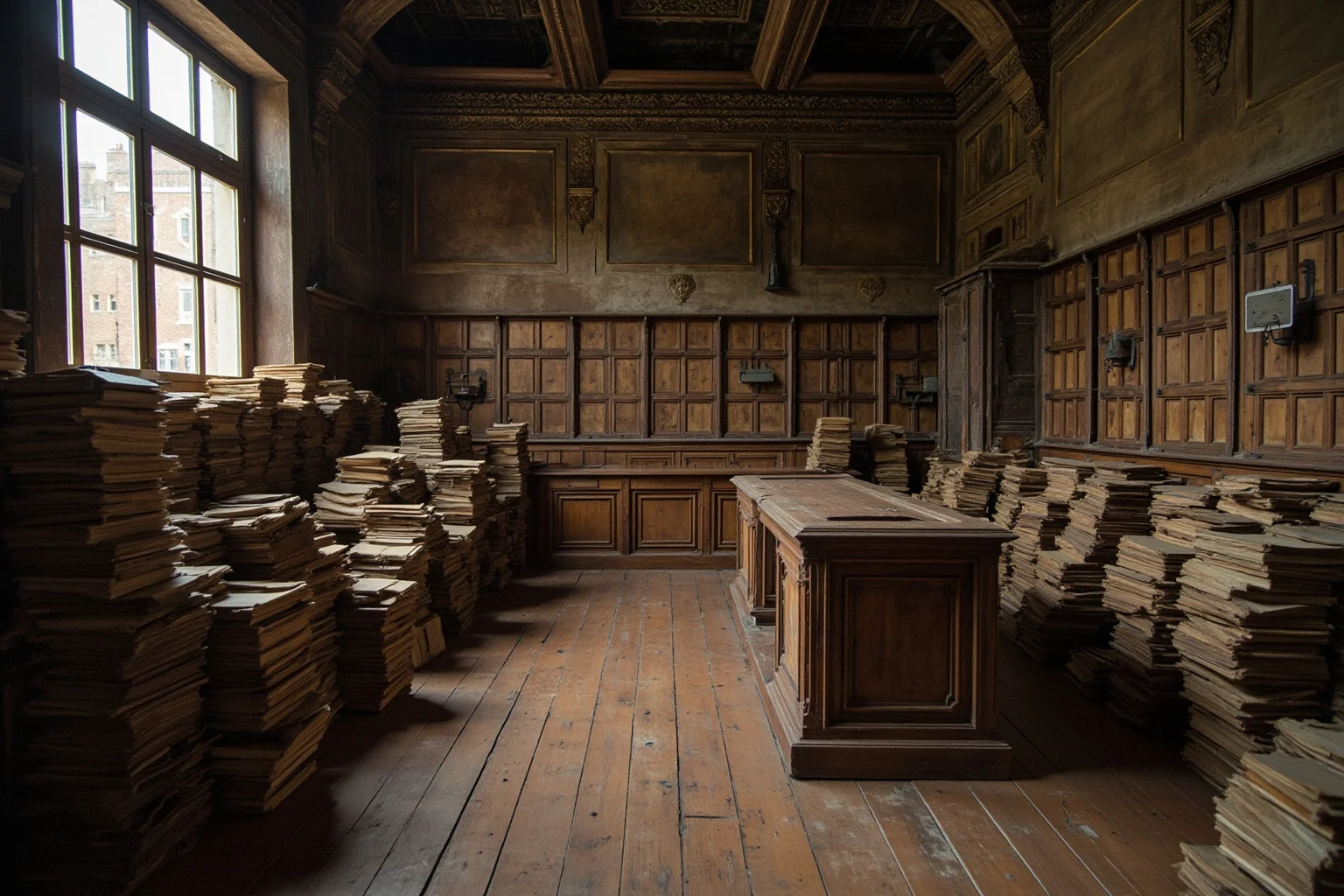 A 17th-century French ministerial office with stacks of legal documents and a large desk, no people visible.