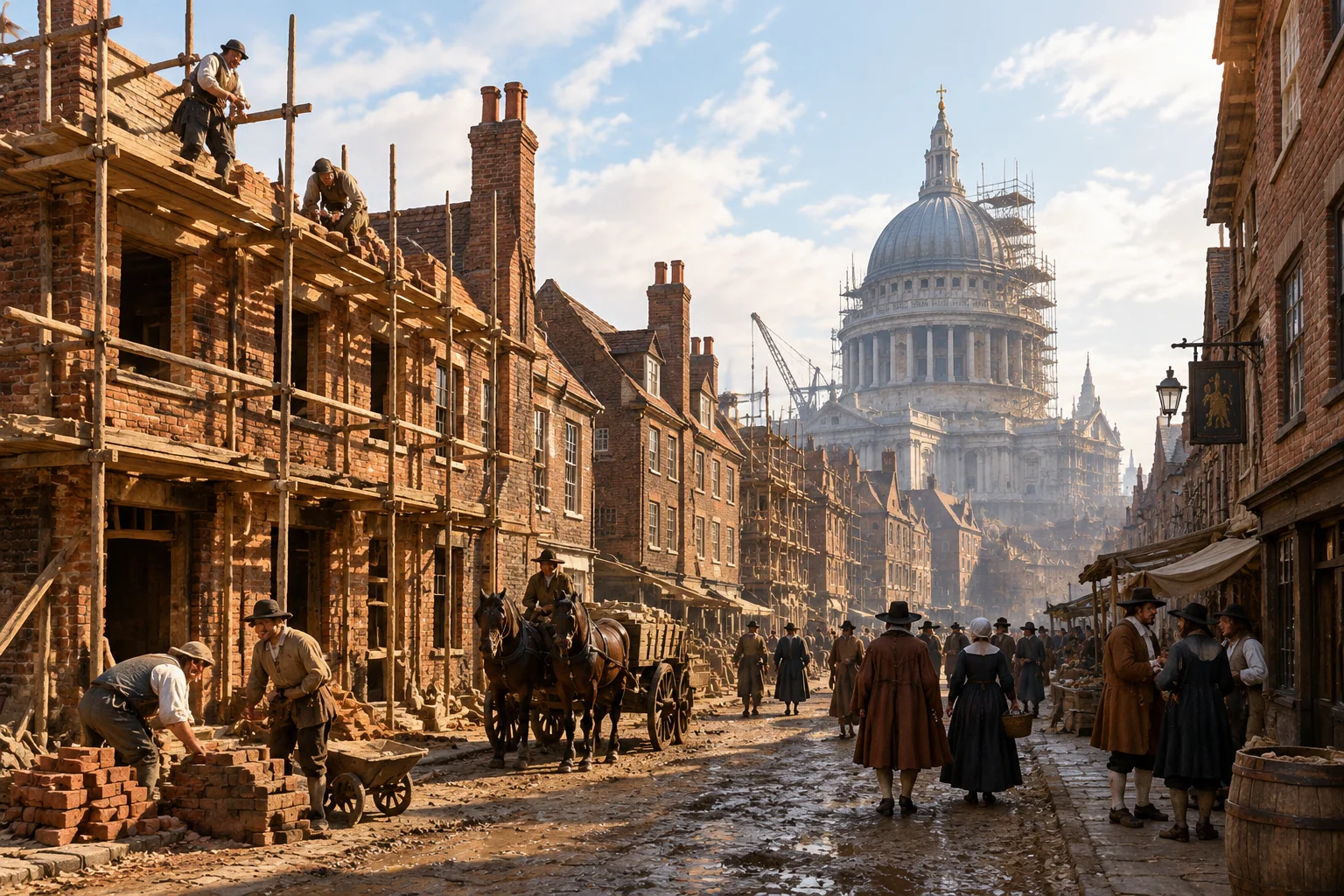 A 17th-century London street with brick buildings under construction and a distant cathedral dome being rebuilt, warm daylight