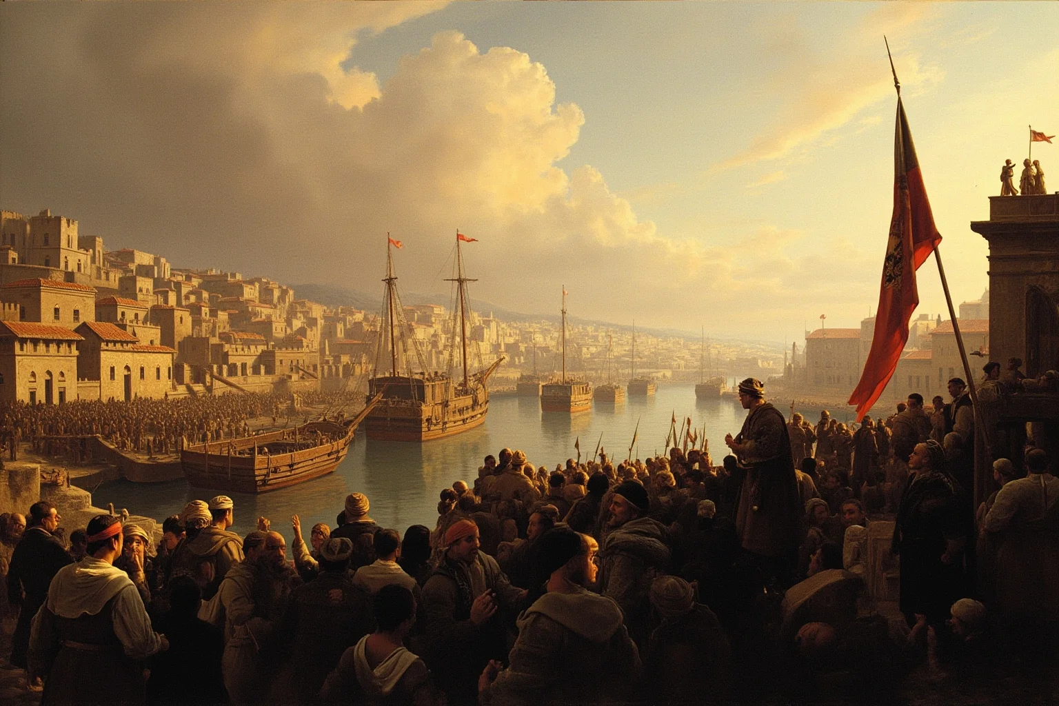25 Times Historical Figures Predicted the End of the World 13 A 17th-century Ottoman port city with crowds gathering near a raised banner, ships in the harbor, warm Mediterranean light, faces turned away or obscured.