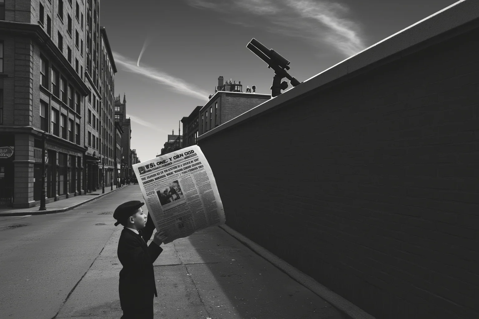 25 Times Historical Figures Predicted the End of the World 17 A 1910 city street with a newsboy holding a paper whose headline references a comet, a telescope set up on a rooftop above, the comet faintly visible in the evening sky.
