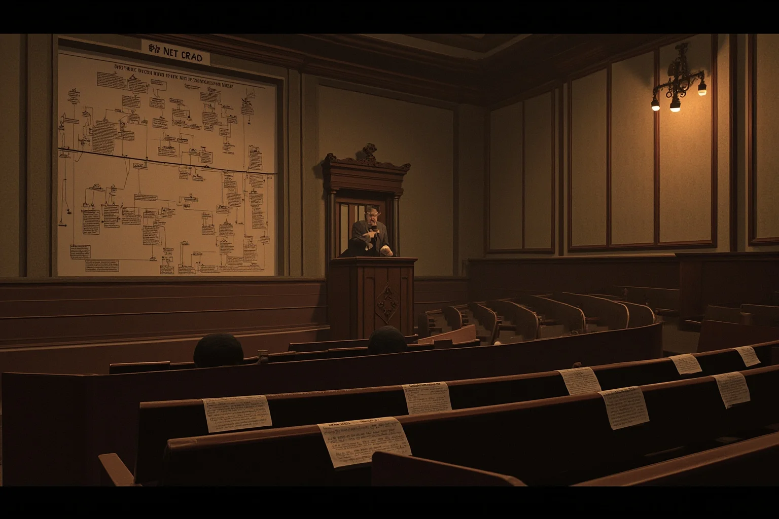 25 Times Historical Figures Predicted the End of the World 18 A 1910s meeting hall with a speaker at a podium beside a large chart of prophetic timelines, printed magazines on the seats, warm gaslight.