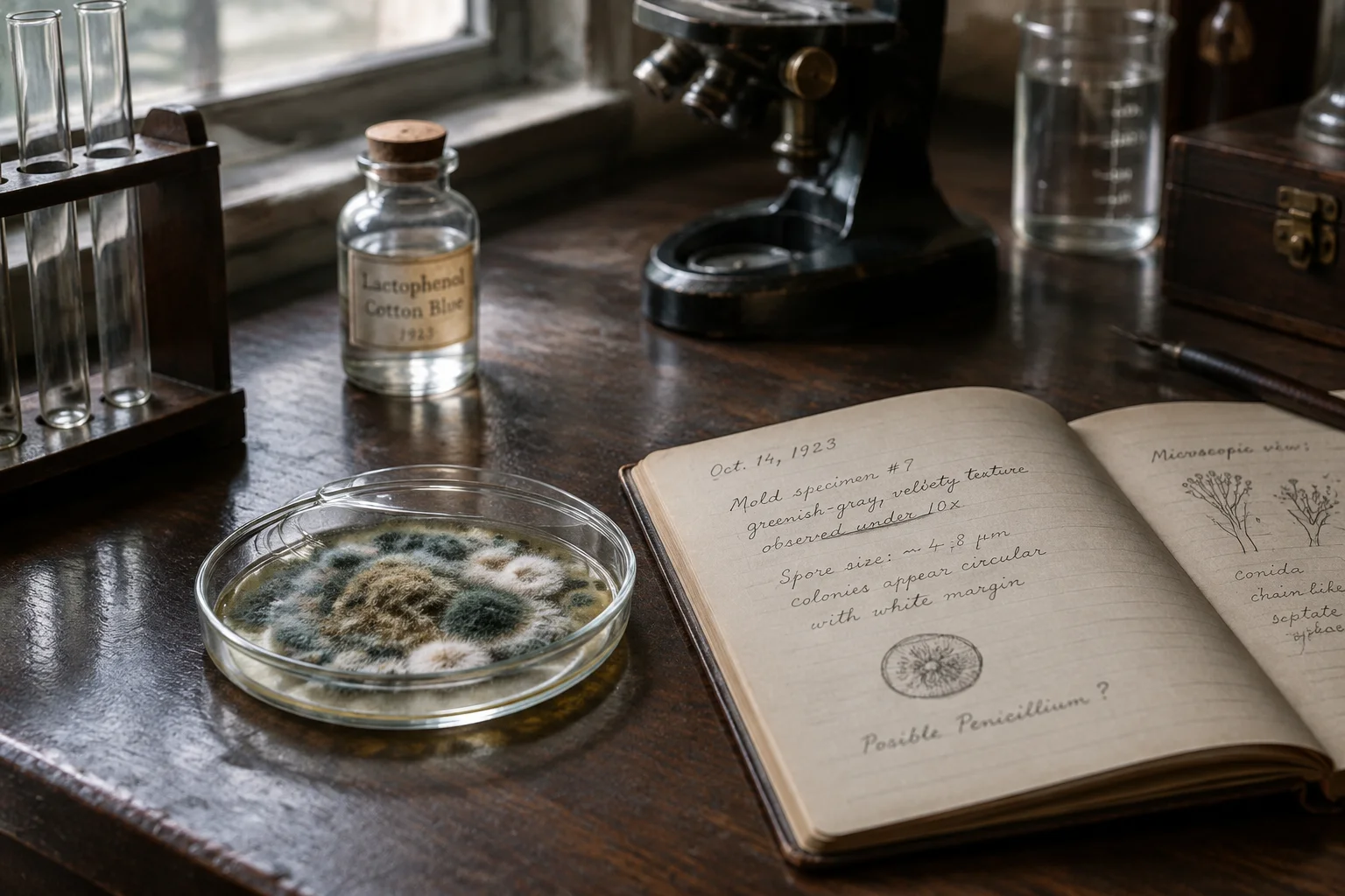 A 1920s laboratory bench with a petri dish covered in mold and a notebook open beside it, soft window light