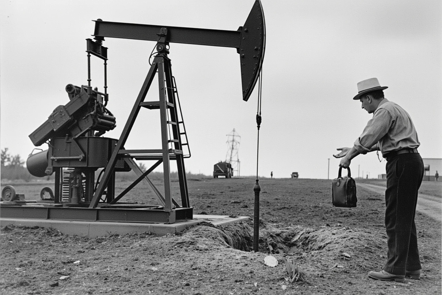 A 1920s scene showing an oil derrick pumping on government land with a briefcase of cash exchanging hands between an oilman and a government official, representing the Teapot Dome scandal