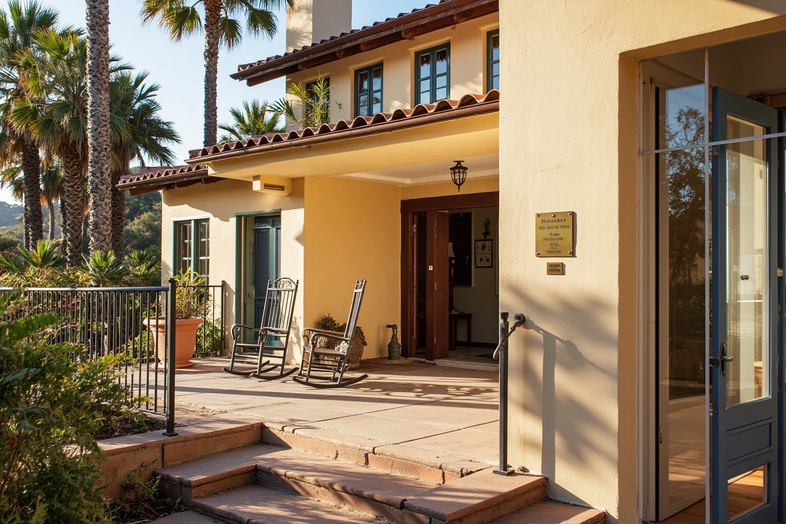 25 Times Historical Figures Predicted the End of the World 19 A 1920s Spanish-style mansion on a San Diego hillside, empty rocking chairs on the porch, palm trees, a brass plaque by the door, warm afternoon light.