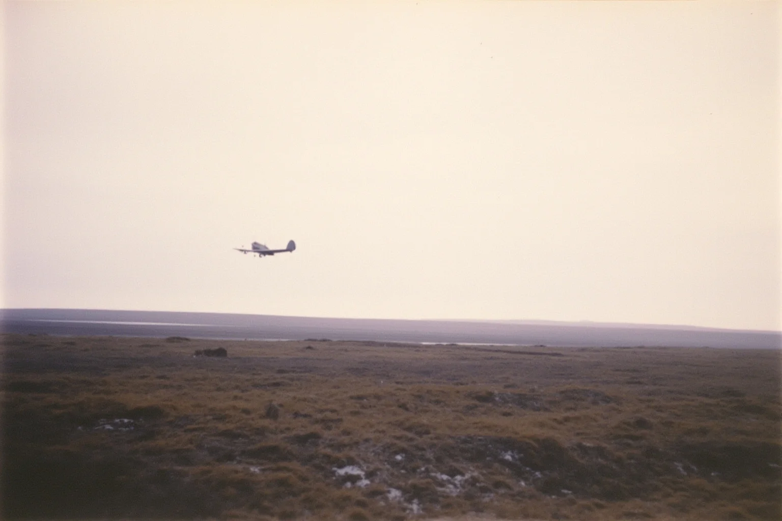 A 1930s Alaskan tundra landscape with a vintage airplane silhouette against a pale sky, remote and desolate, muted colors