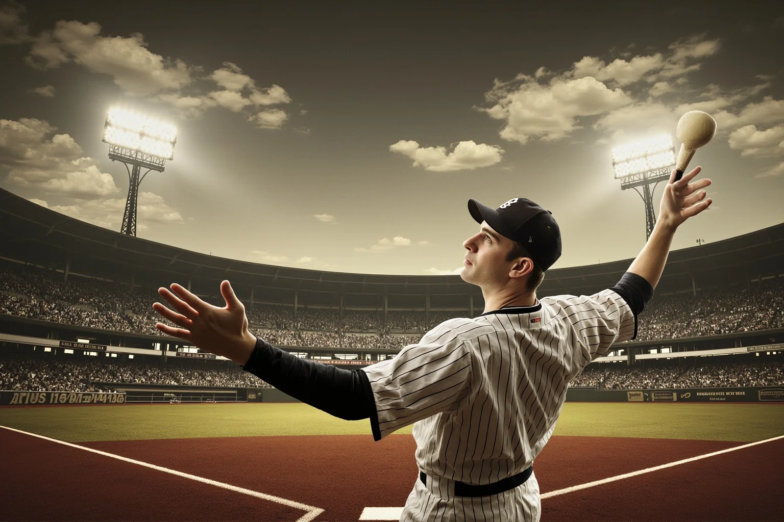 25 Memorable Moments That Defined World Series History 6 A 1930s baseball slugger gesturing toward the outfield before a home run, vintage ballpark, dramatic sky, no recognizable face.