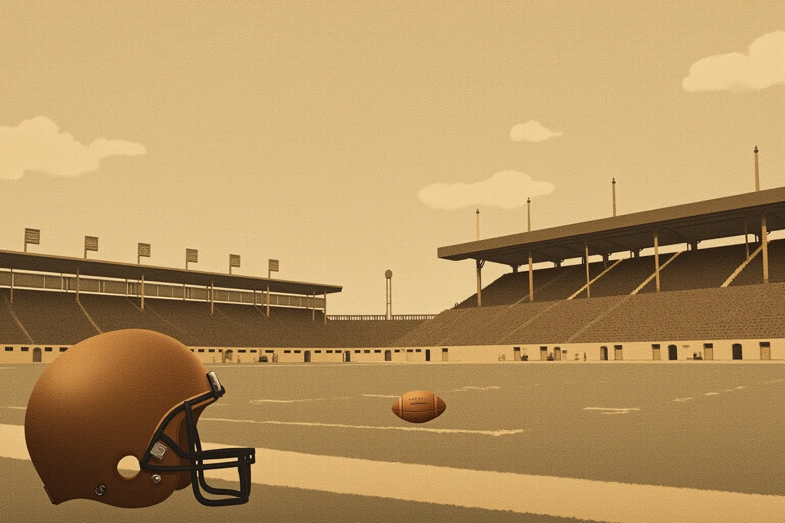 A 1930s college football stadium with a leather helmet and football on the field, vintage sports illustration, sepia tones