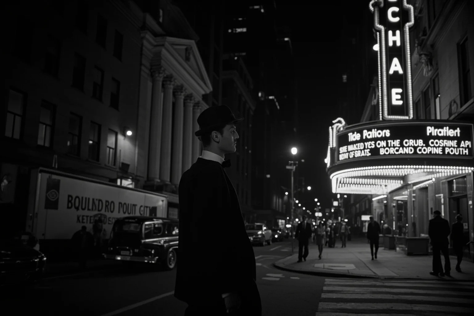 Scariest Missing Persons Cases in History: 20 Creepy Disappearances That Still Baffle Us 15 A 1930s New York City street at night with a courthouse in the background, a man in a suit walking away from a theater, noir lighting.