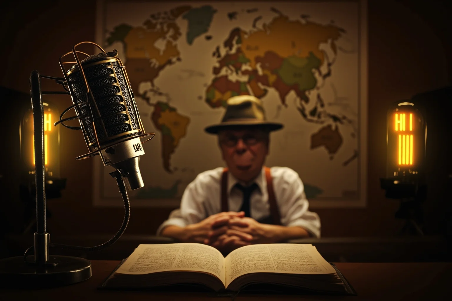 25 Times Historical Figures Predicted the End of the World 20 A 1930s radio studio with a heavy microphone, a preacher's hands resting on a Bible, a world map behind glass, glowing vacuum tubes in the background.